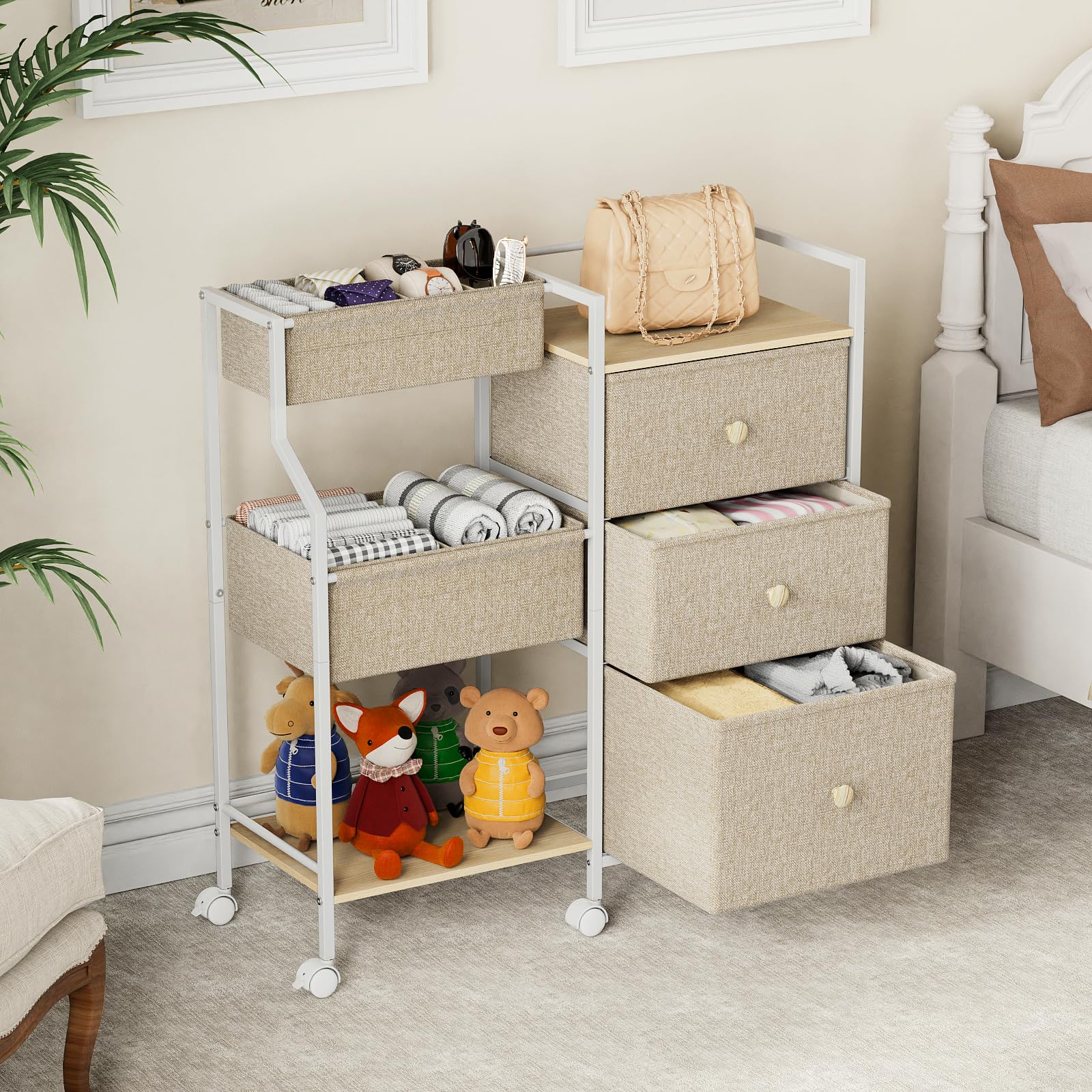 3-Tier Rolling Baby Storage Cart with Drawers and Dividers