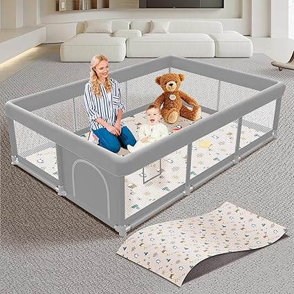 Baby Playpen 74x50 inch, Playpen for Babies and Toddlers, Baby Play Pen Design with External Zipper Gate, Play Yard with Non-Slip Suction Cups on The Bottom