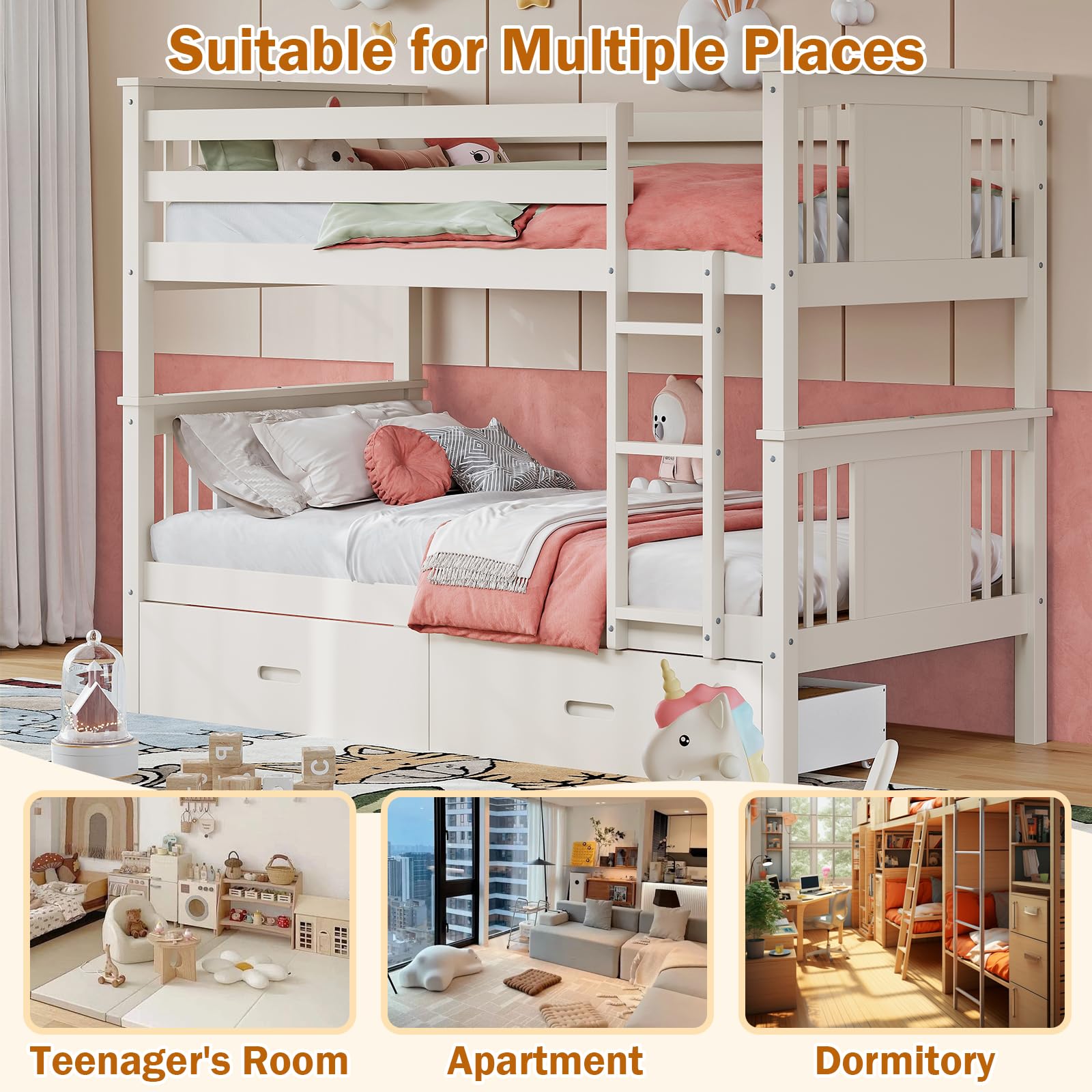 Twin Over Twin Bunk Bed with Storage Drawers and Ladder