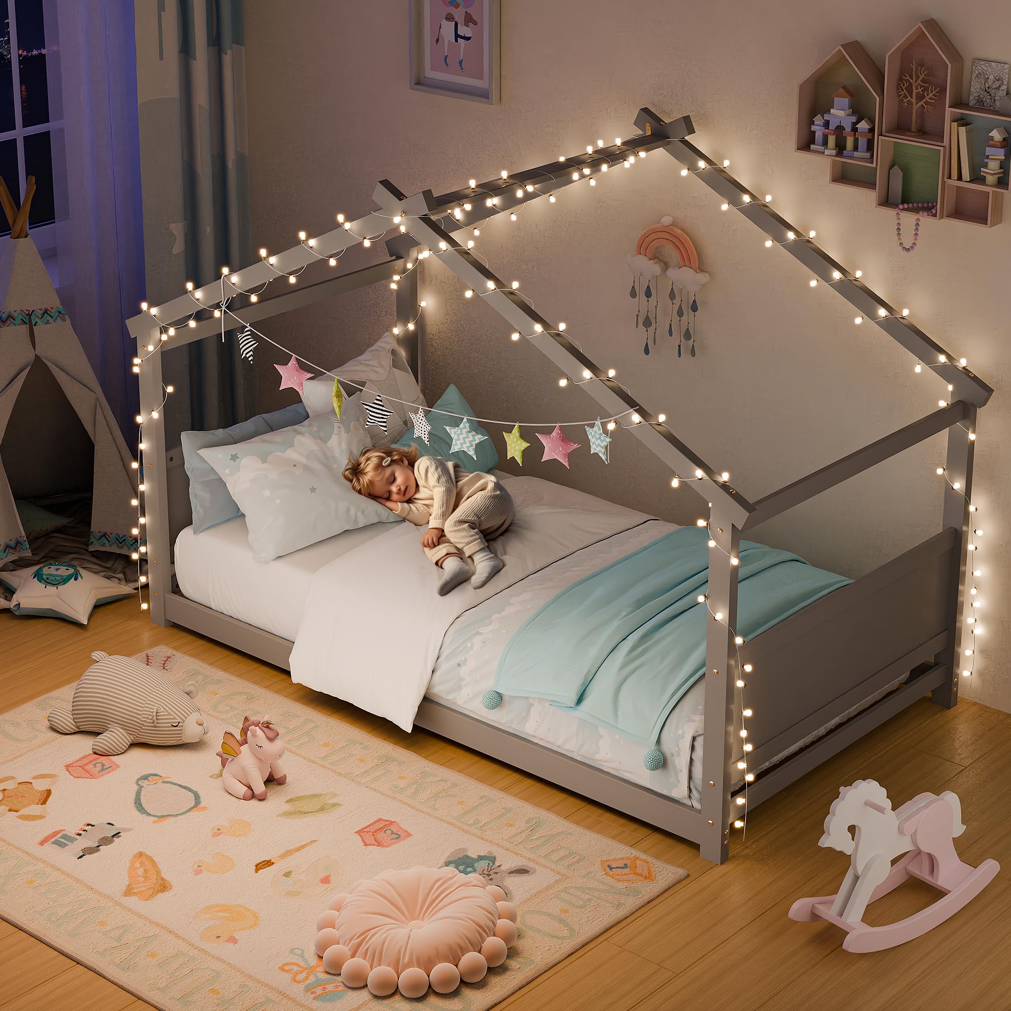 Twin House Bed, Montessori Floor Bed with Headboard & Footboard, Solid Wood Bed Frame
