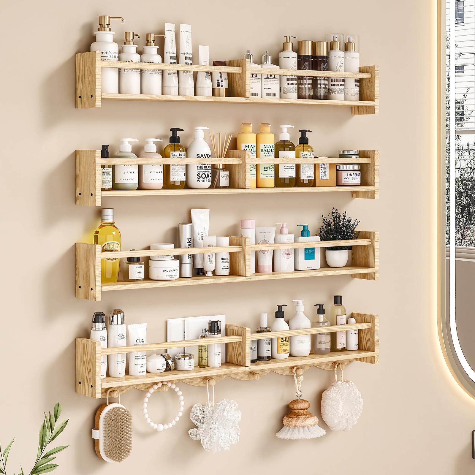 34Inch Nursery Bookshelves,Set of 4,Wall Floating Shelf Kids Coat Rack with 6Hooks