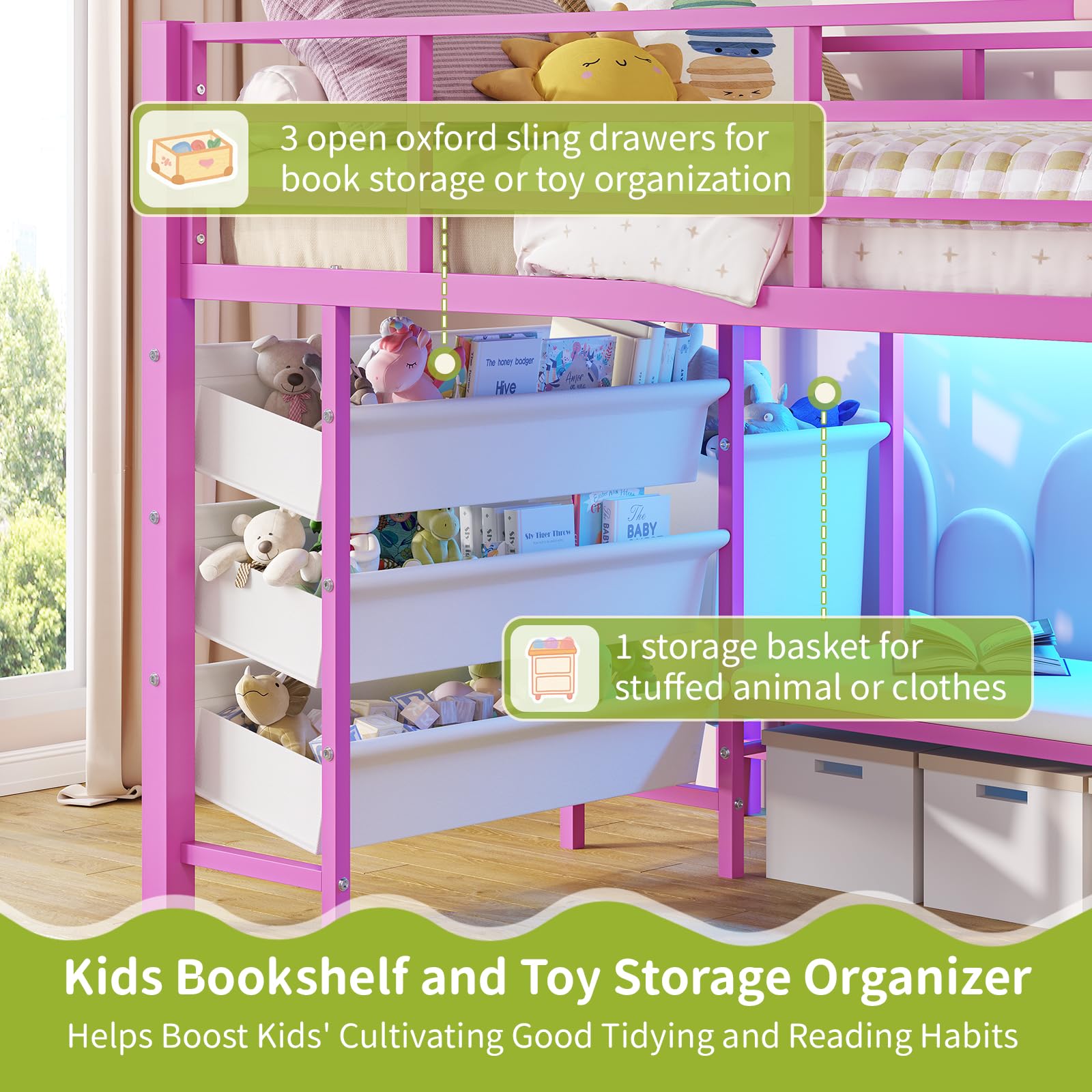 Low Twin Loft Bed with Reading Corner LED Lights Storage Pink