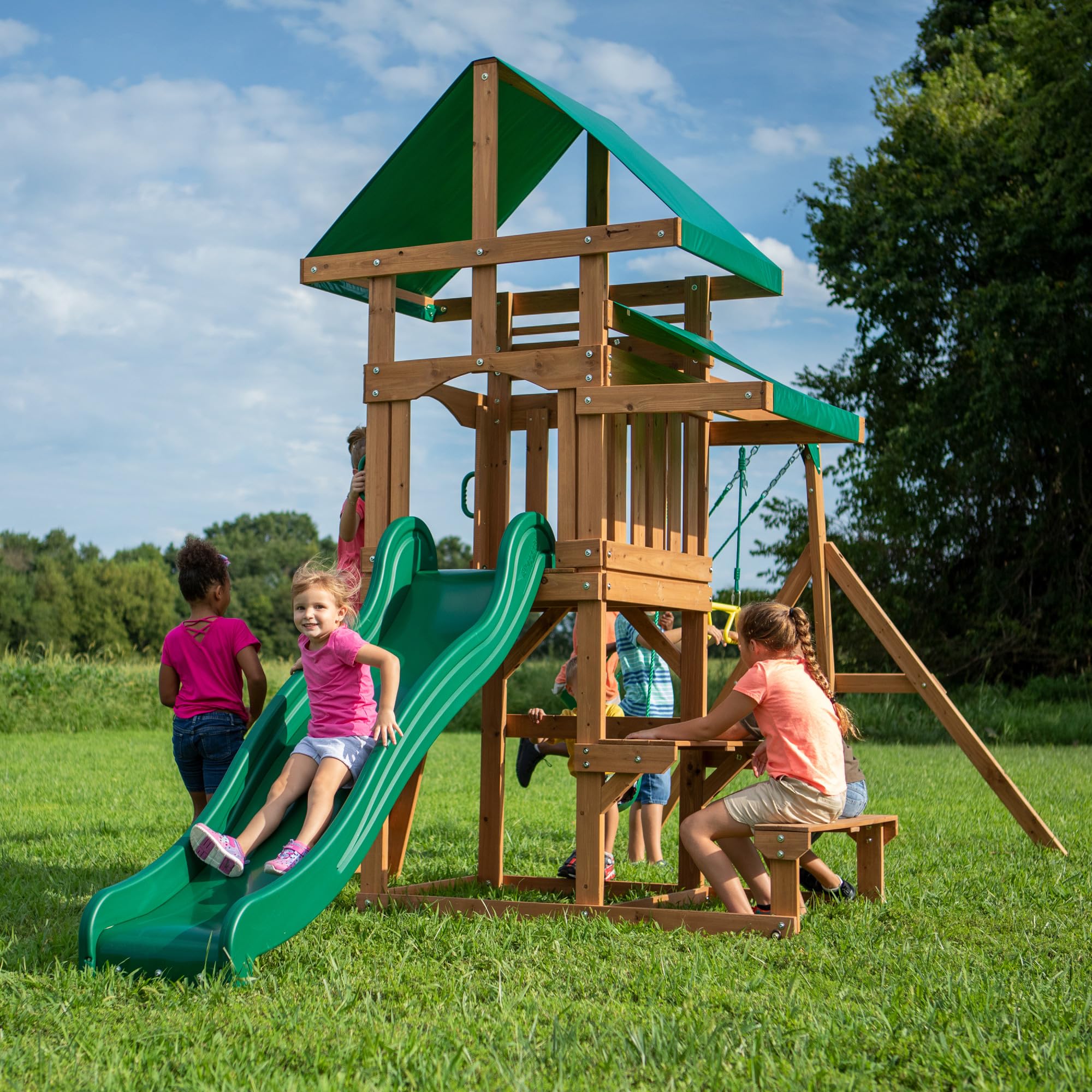 Cedar Wood Swing Set with Wave Slide and Rock Wall