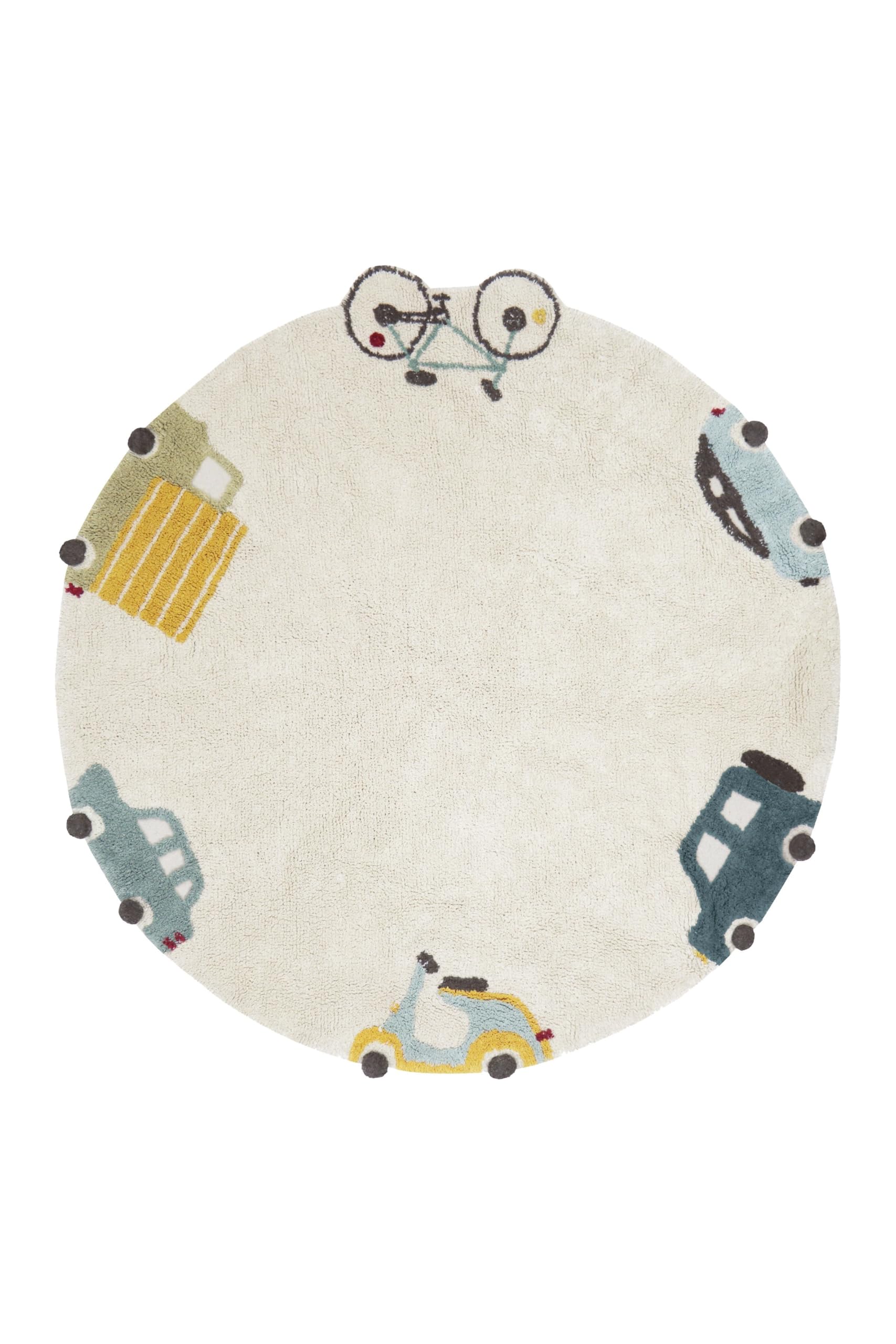 Washable Area Rugs for Kids Eco City - Wheels, Handmade in Natural, Ø 4' 7"