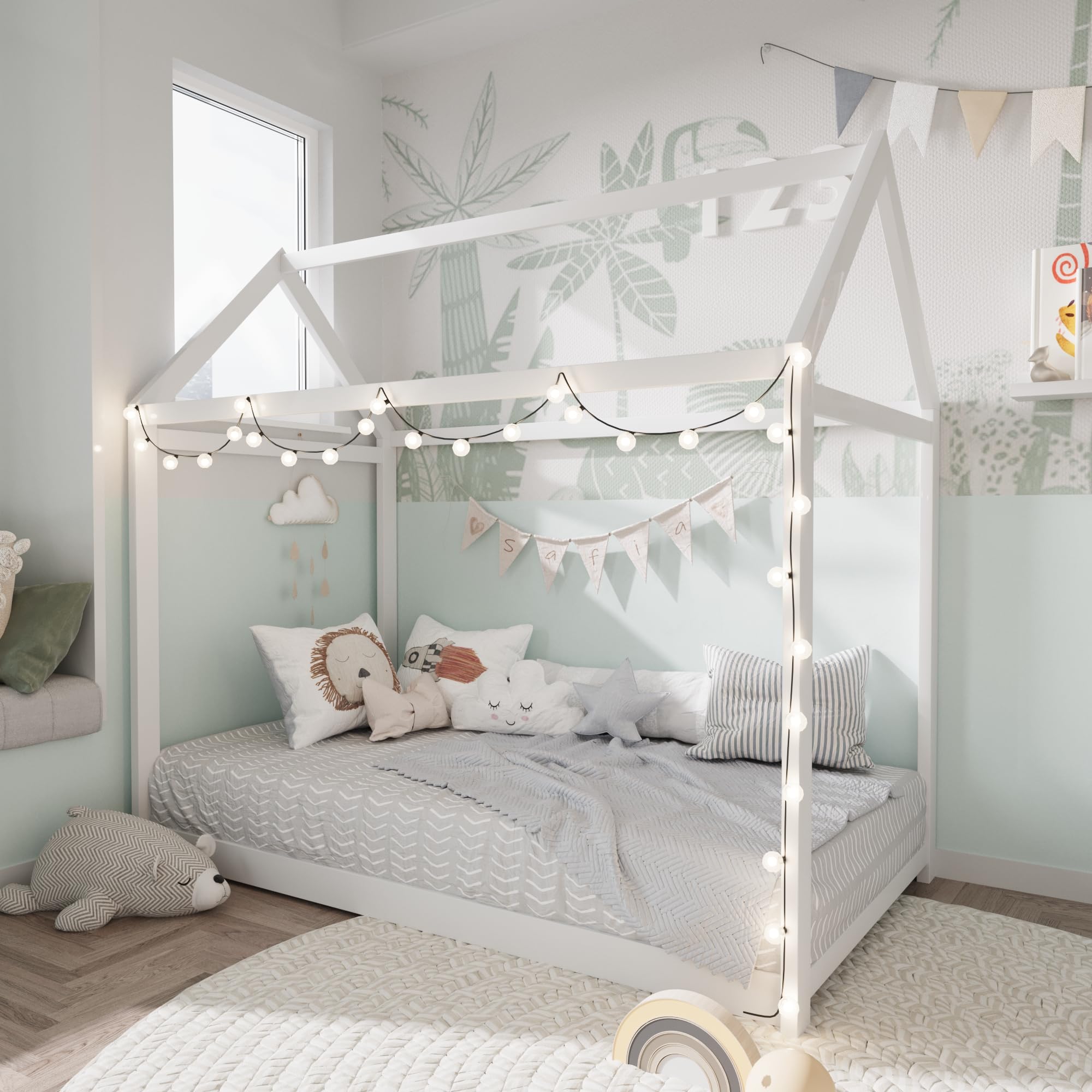 Full Floor Bed with Door, Fence and Roof, Heavy Duty Metal Montessori Bed Full Size