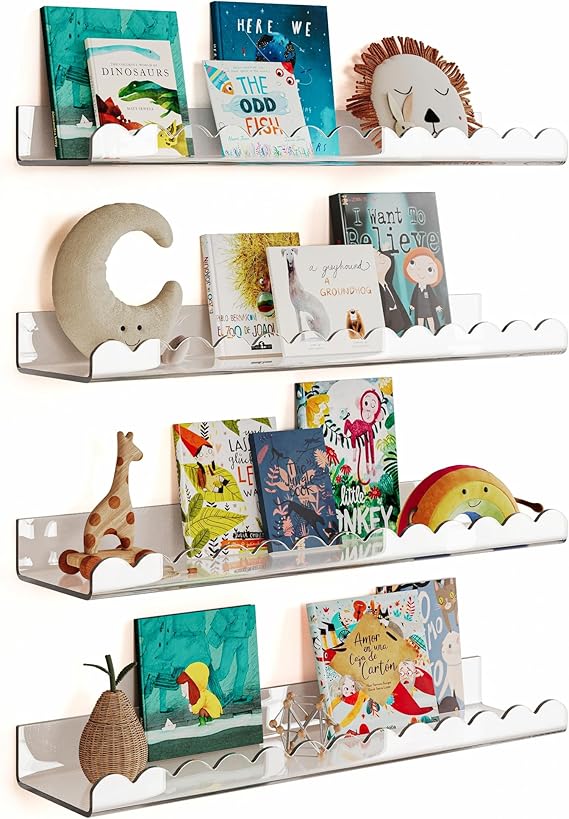 4 Pack Clear 15.7 Inches Acrylic Book Shelf for Kids Room