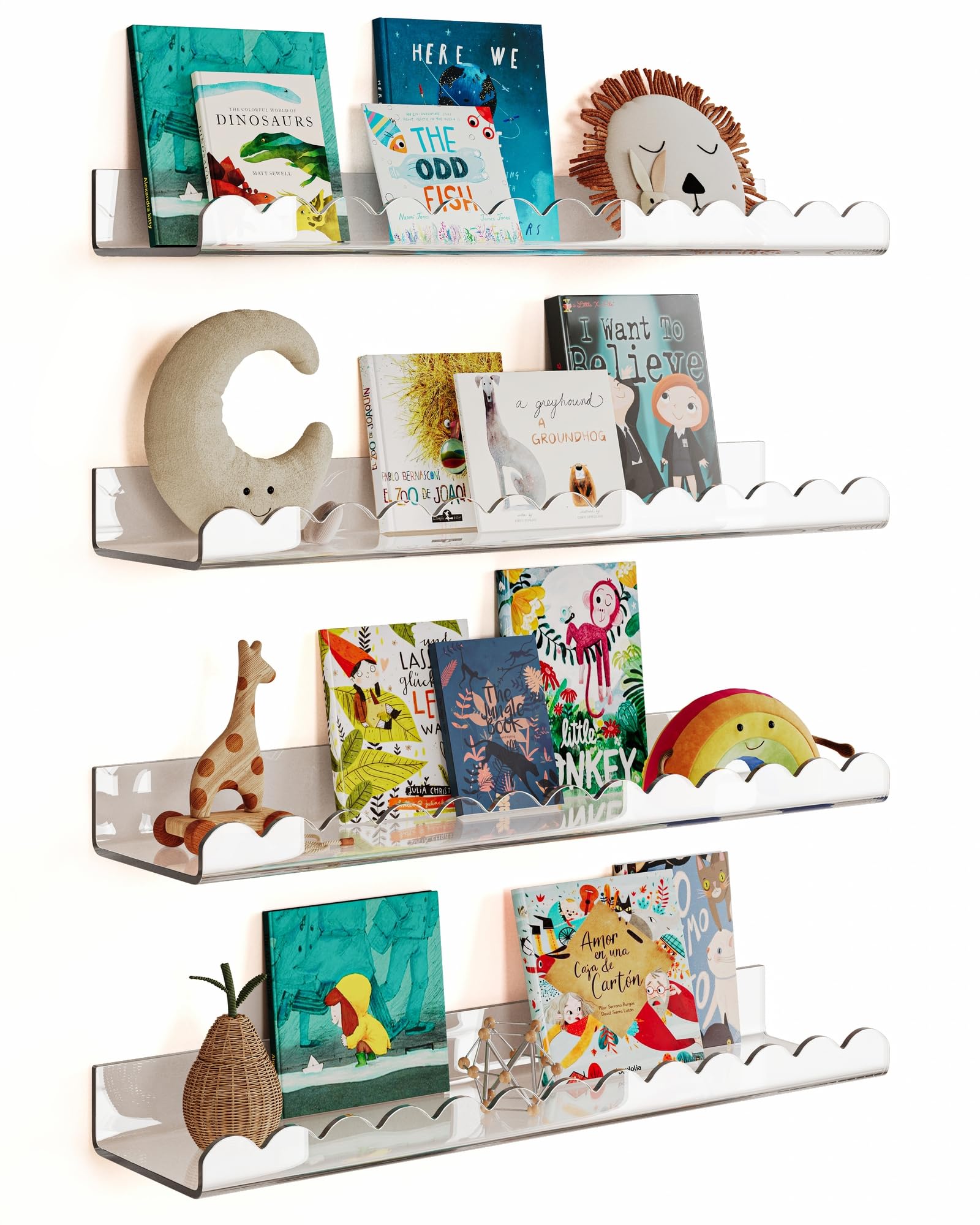 4 Pack Clear 15.7 Inches Acrylic Book Shelf for Kids Room