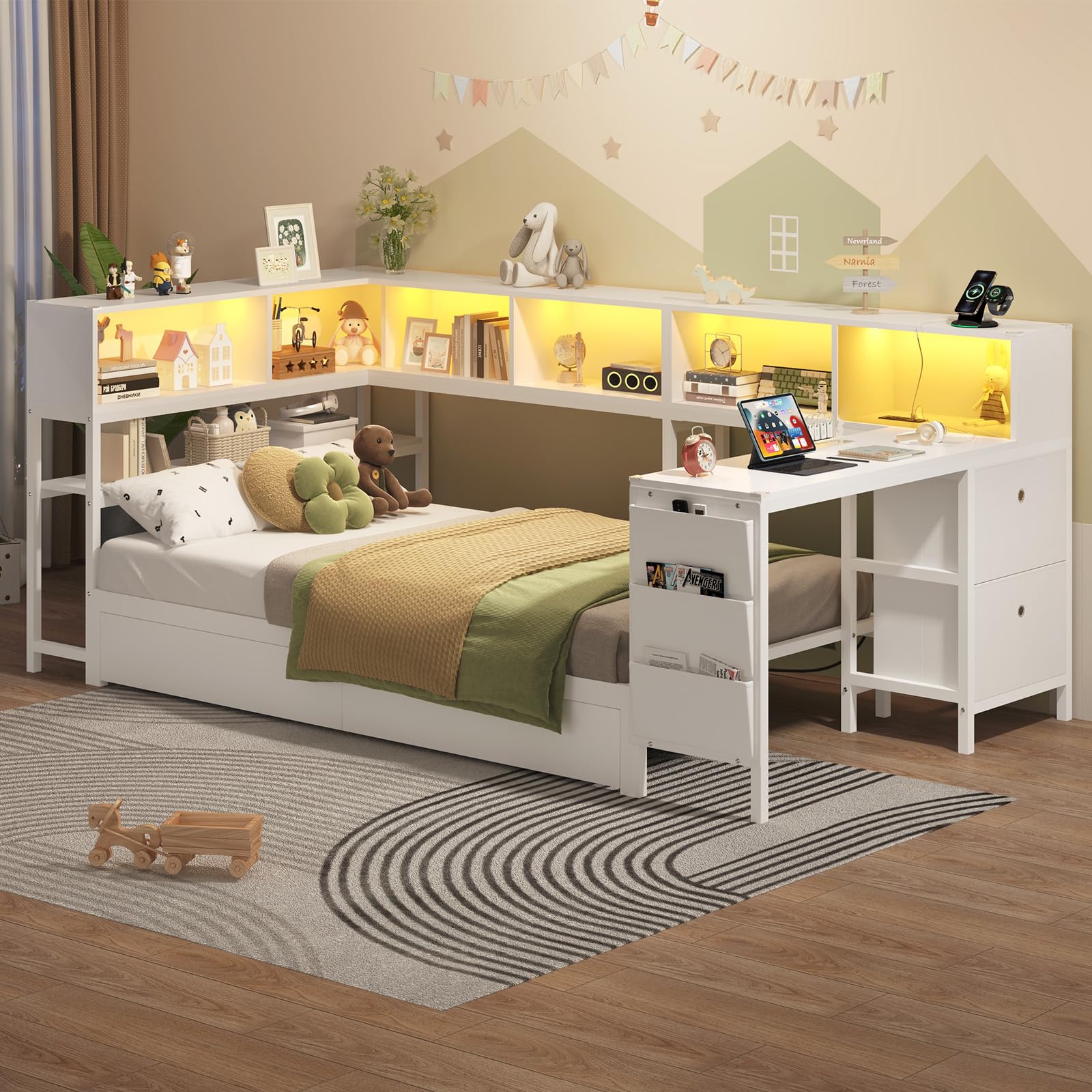Twin Corner Bed with Desk and Storage Bookcase