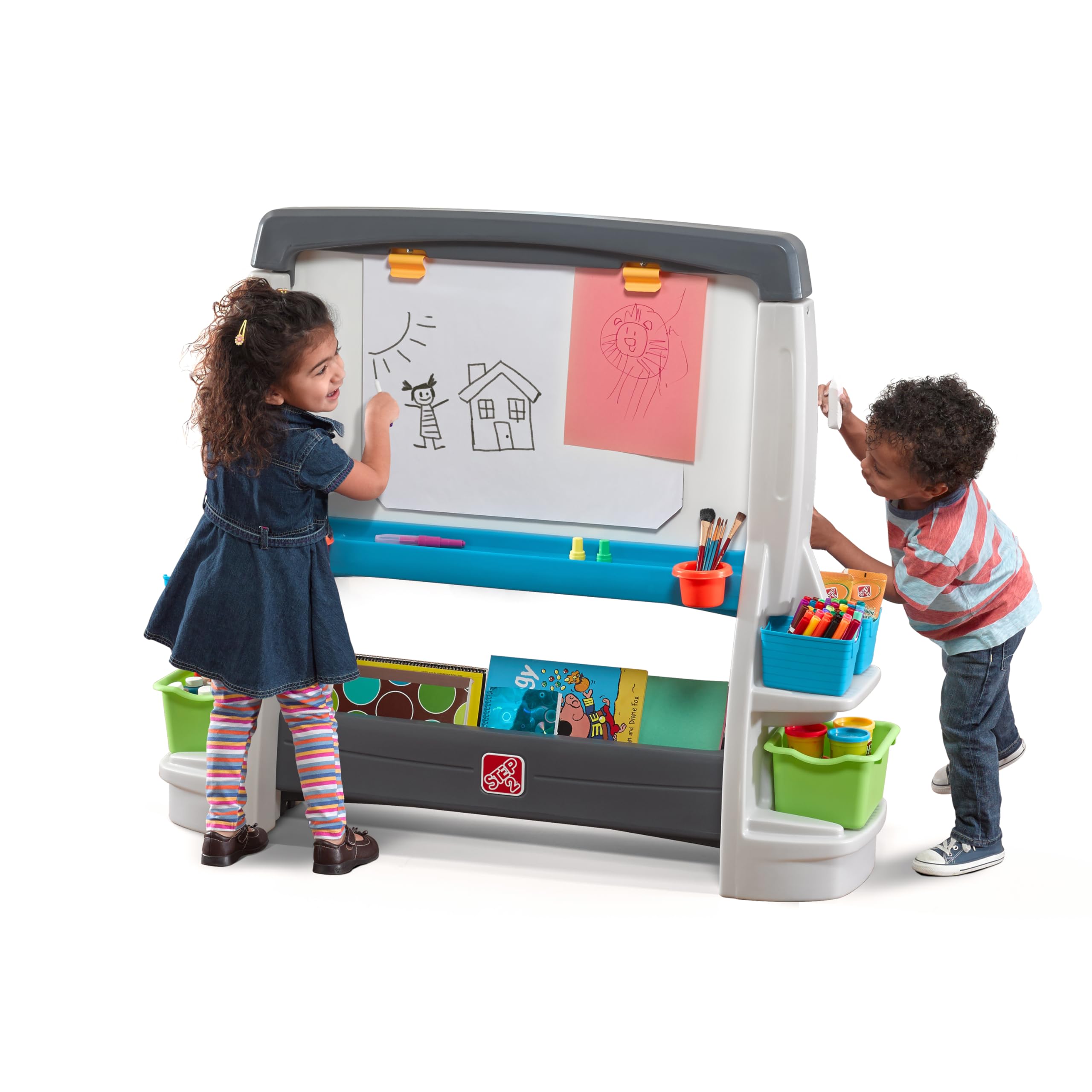Step2 Jumbo Art Easel, Kids Activity Table, Double-Sided Art Board, Made of Durable Plastic, Includes Bins for Storage, For Toddlers 3+ Years Old