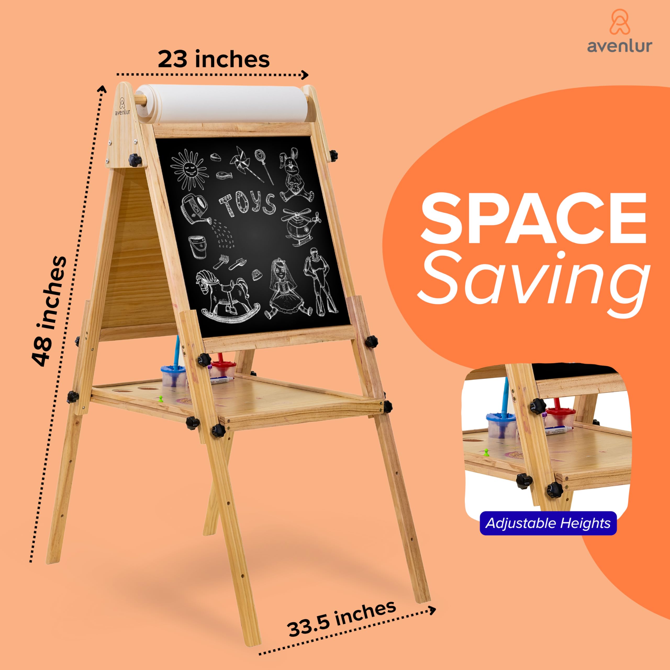 Avenlur Adjustable Height Easel for Kids and Adults - Multifunctional Art Station with Chalkboard, Ideal for Painting, Drawing, and Display - Foldable Wooden Stand with Storage Tray