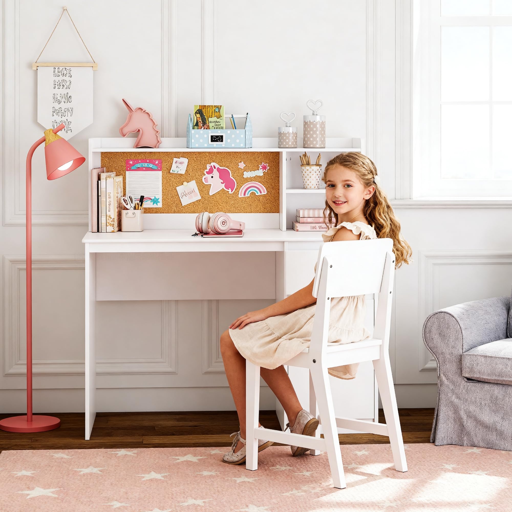 Kids Study Desk with Chair Set with Hutch and Storage