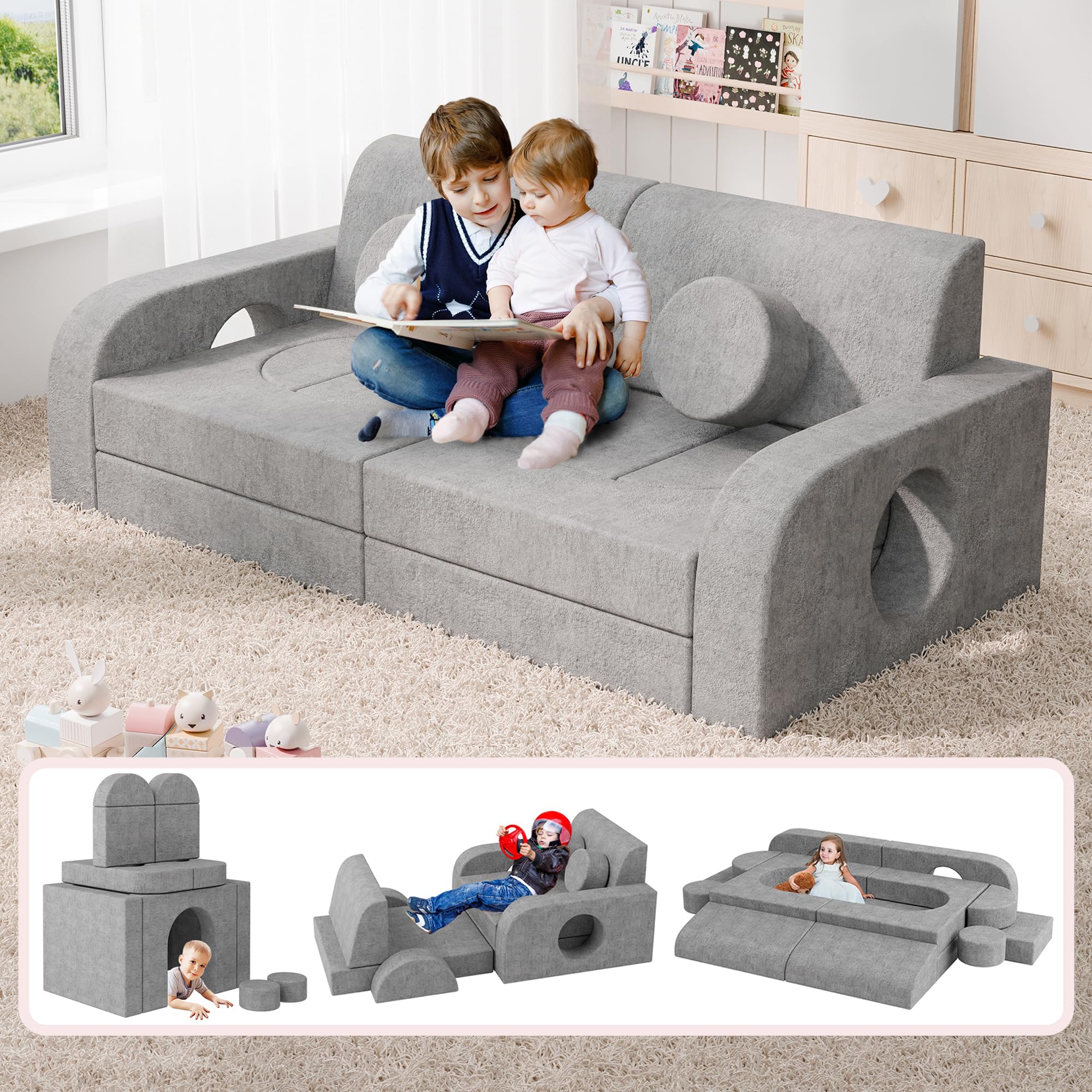 14pcs Modular Kids Play Couch, 1000+DIY Versatile Kids Couch Building Fort