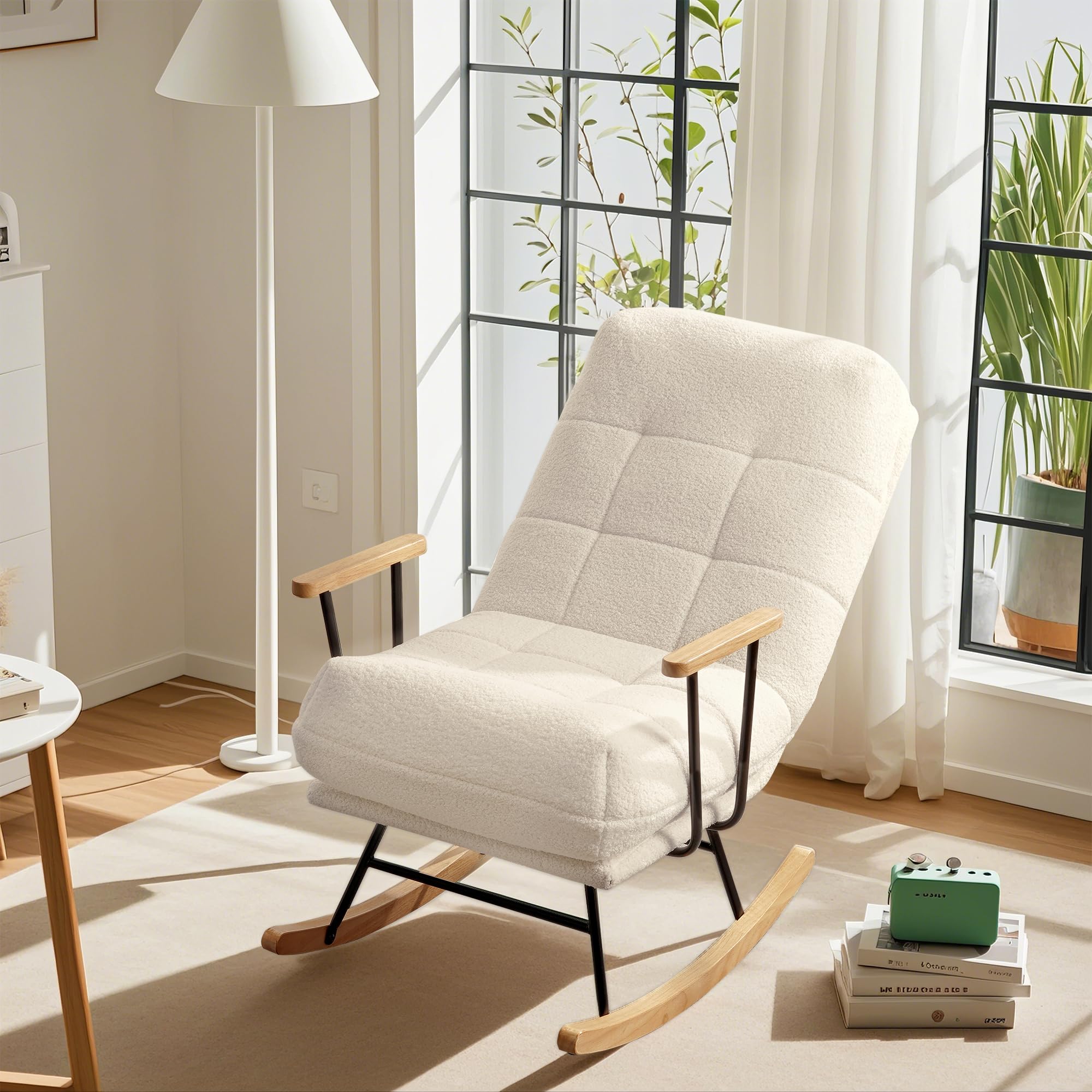 Oversized Teddy Fabric Nursery Rocking Chair with Adjustable High Backrest