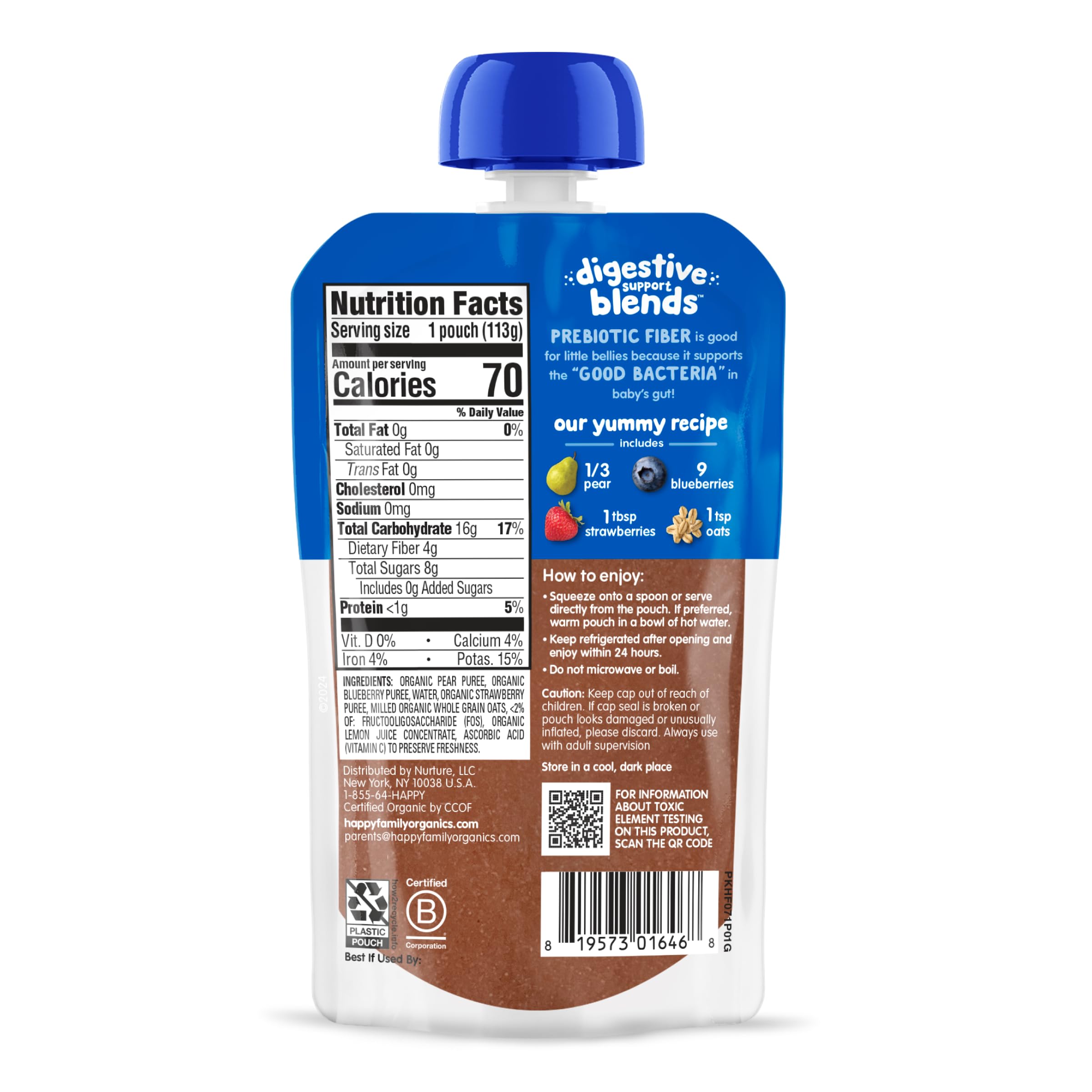 Digestive Support Blends, Organic Stage 2 Baby Food with Prebiotic Fiber, Pear, Blueberries, Strawberries & Oats, 4 Ounce Pouch (Pack of 16)