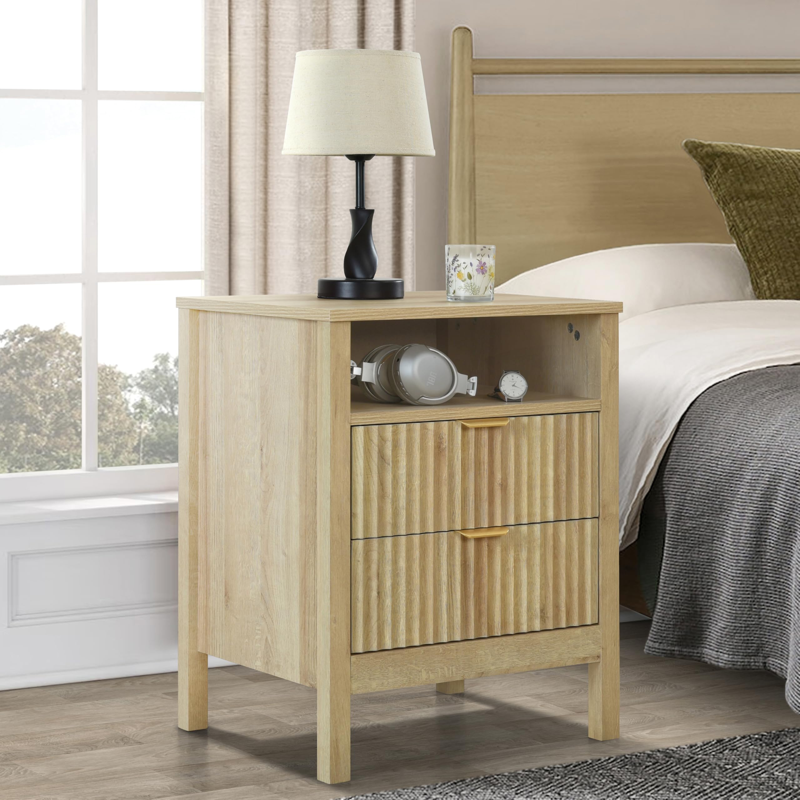 Fluted 2-Drawer Nightstand Set of 2 with Storage