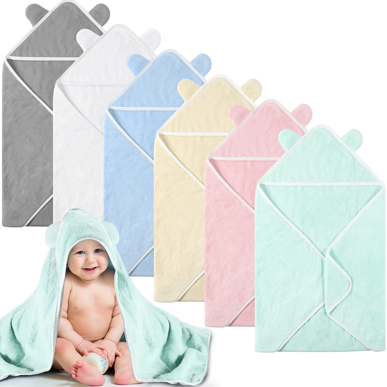6 Pieces Baby Bath Towels 30 x 30 Inch Hooded Toddler Towel Bath