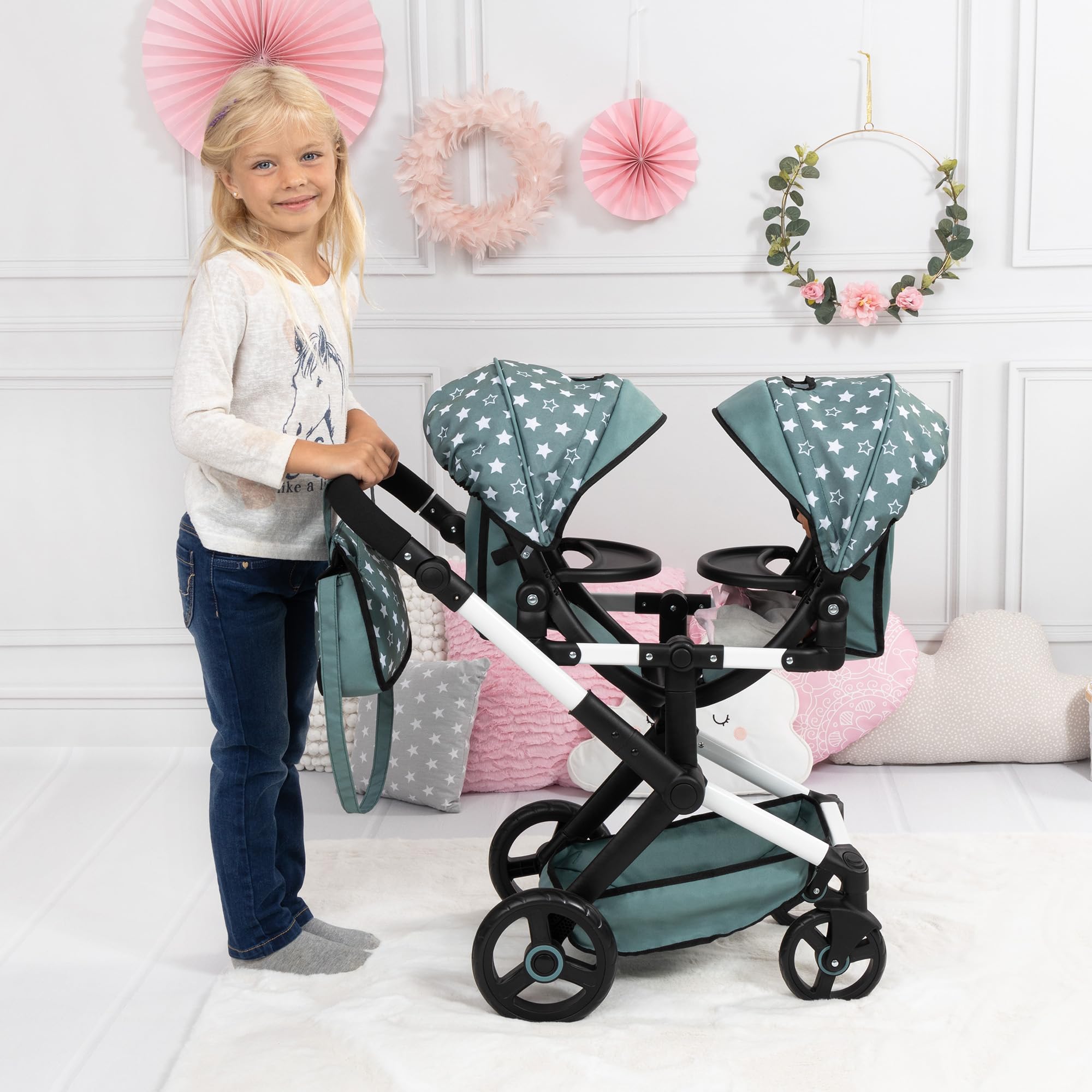 Pram Xeo Twin - Green & White Stars - Seats 2 Dolls Up to 18", Shoulder Bag