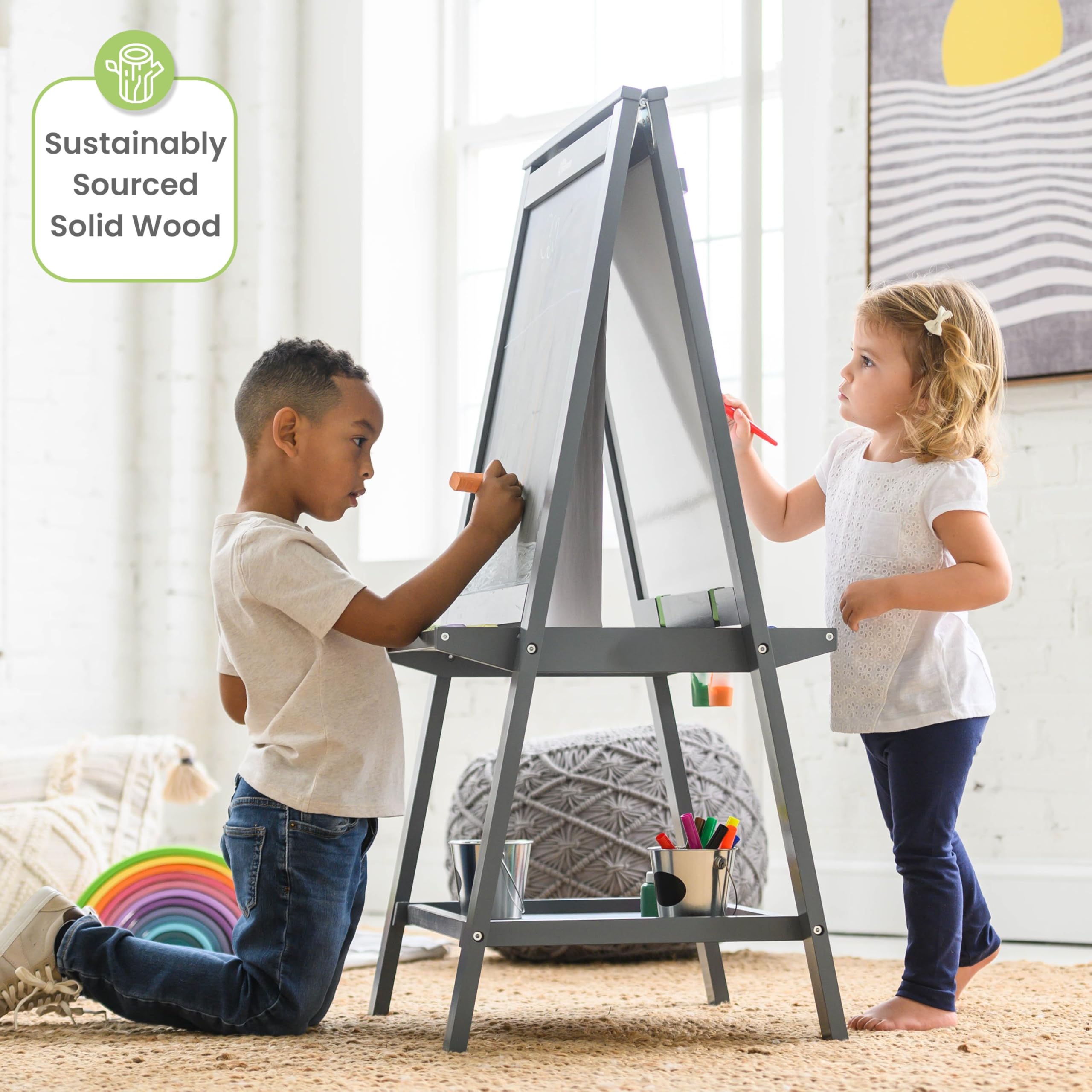 Little Partners Folding EZ Painting Easel for Kids, Dual-Sided Art Easel for Kids Art Station, Folds Flat with Chalkboard, Dry Erase Whiteboard, Paper, Eraser, Paint Cups, Shelf (Earl Grey)
