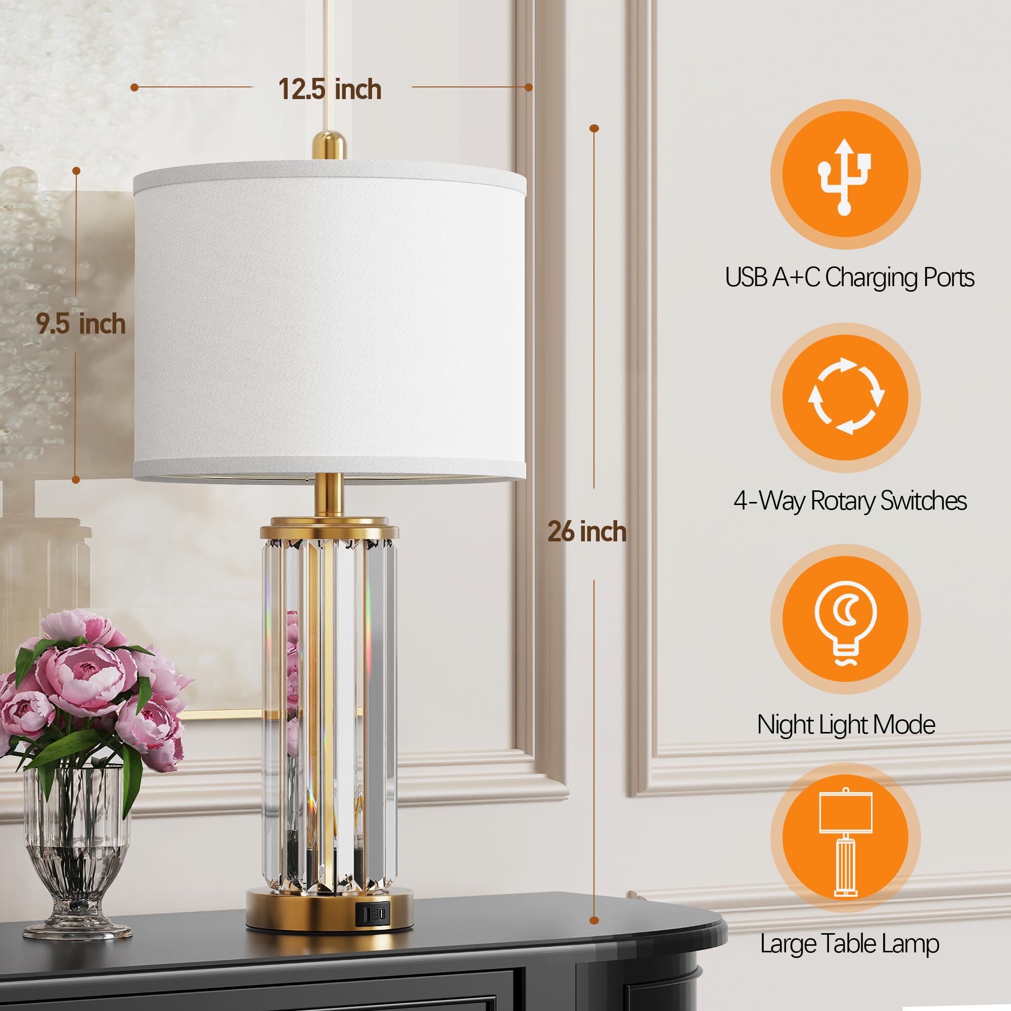 Crystal Table Lamps Set of 2 with USB Charging Ports and Night Light