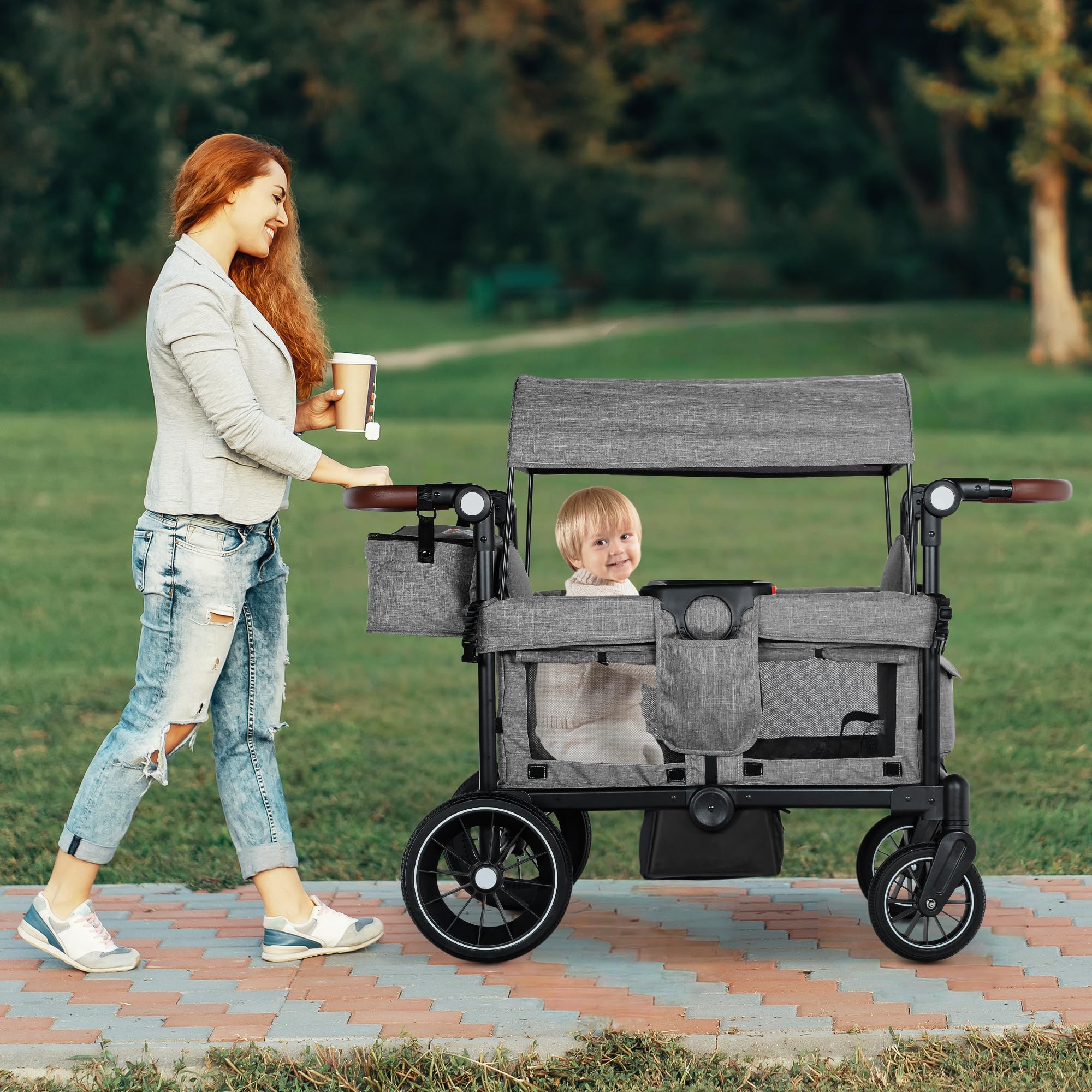 Wagon Stroller for 2 Kids, Foldable Kids Wagon Cart Featuring with Harnesses