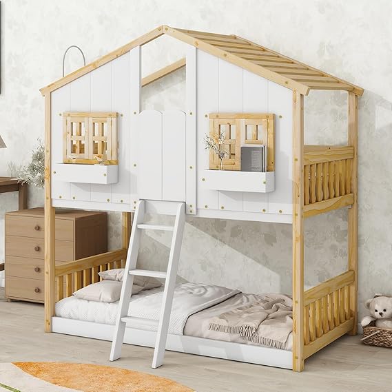Twin Over Twin House Bunk Bed with Window Door and Roof