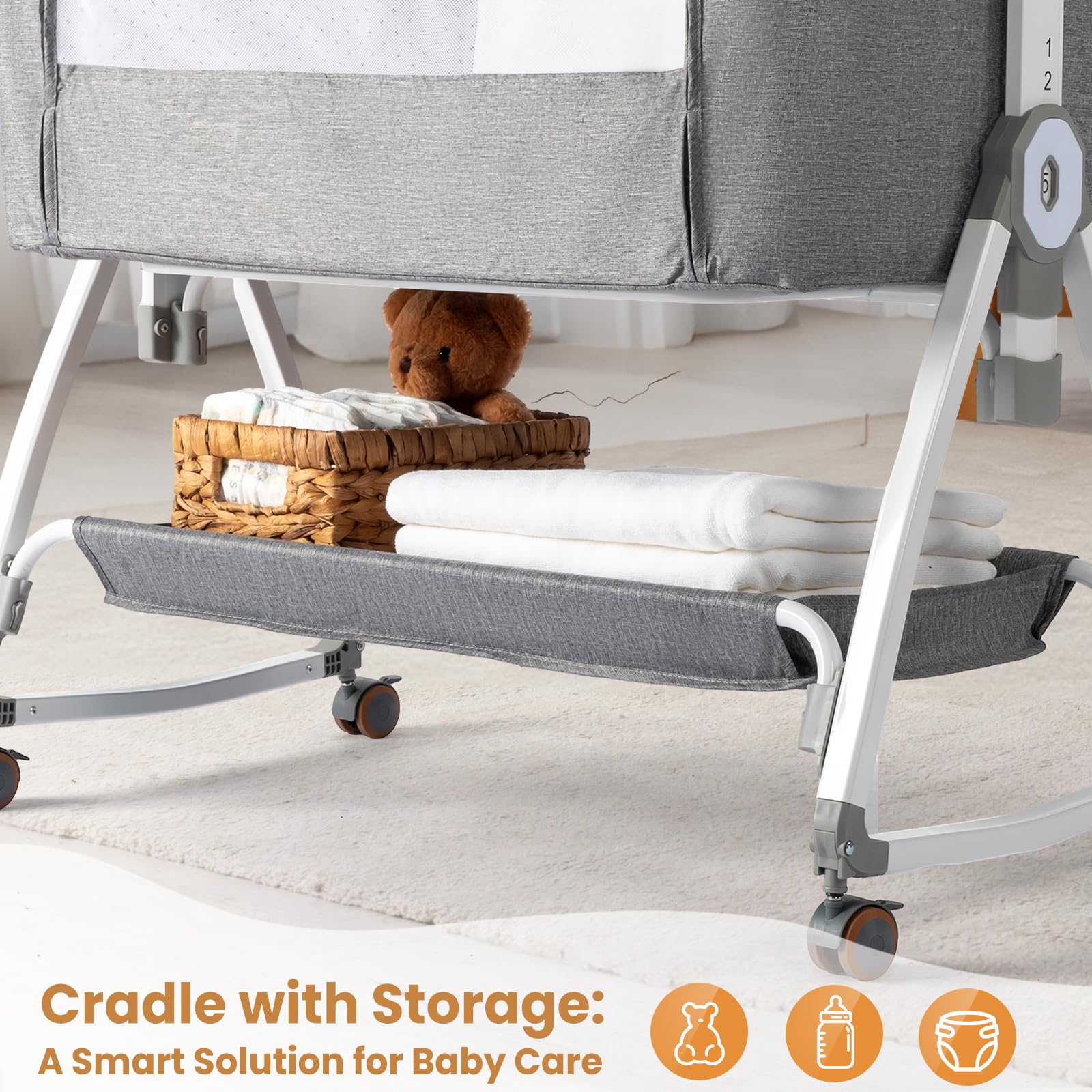 JOYMOR Baby Bassinet with Changing Table, Bedside Bassinet for Baby with Comfy Mattress and Wheels, 6 Height Adjustable Easy Folding Portable Bedside Crib for Newborn (Gray)