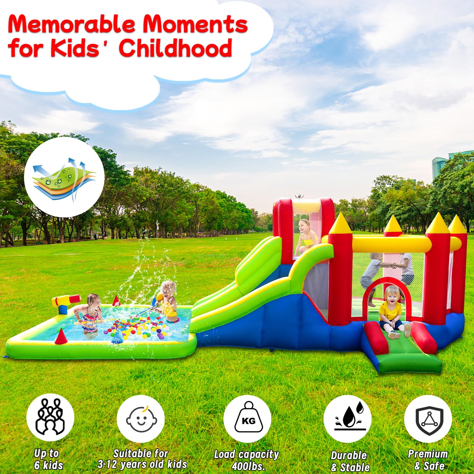 10-in-1 Inflatable Water Park with Dual Slides