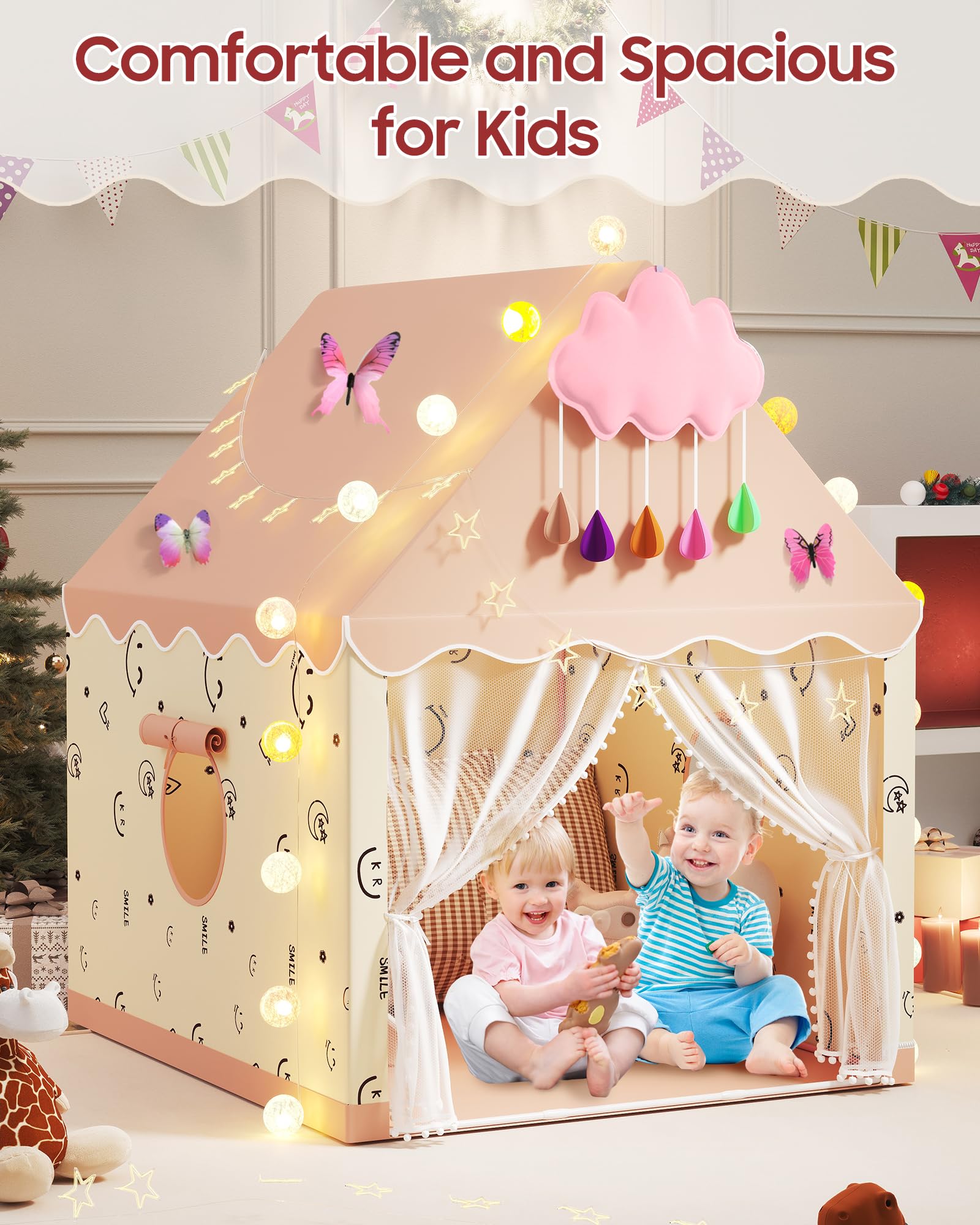 Kids Play Tent, Princess Tent Indoor Playhouse Set with Star Lights, Ball Lights, Colorful Flags, Butterflies, Clouds - Pink Tents for Kids Toddle Castle for Girls Toy House Gift