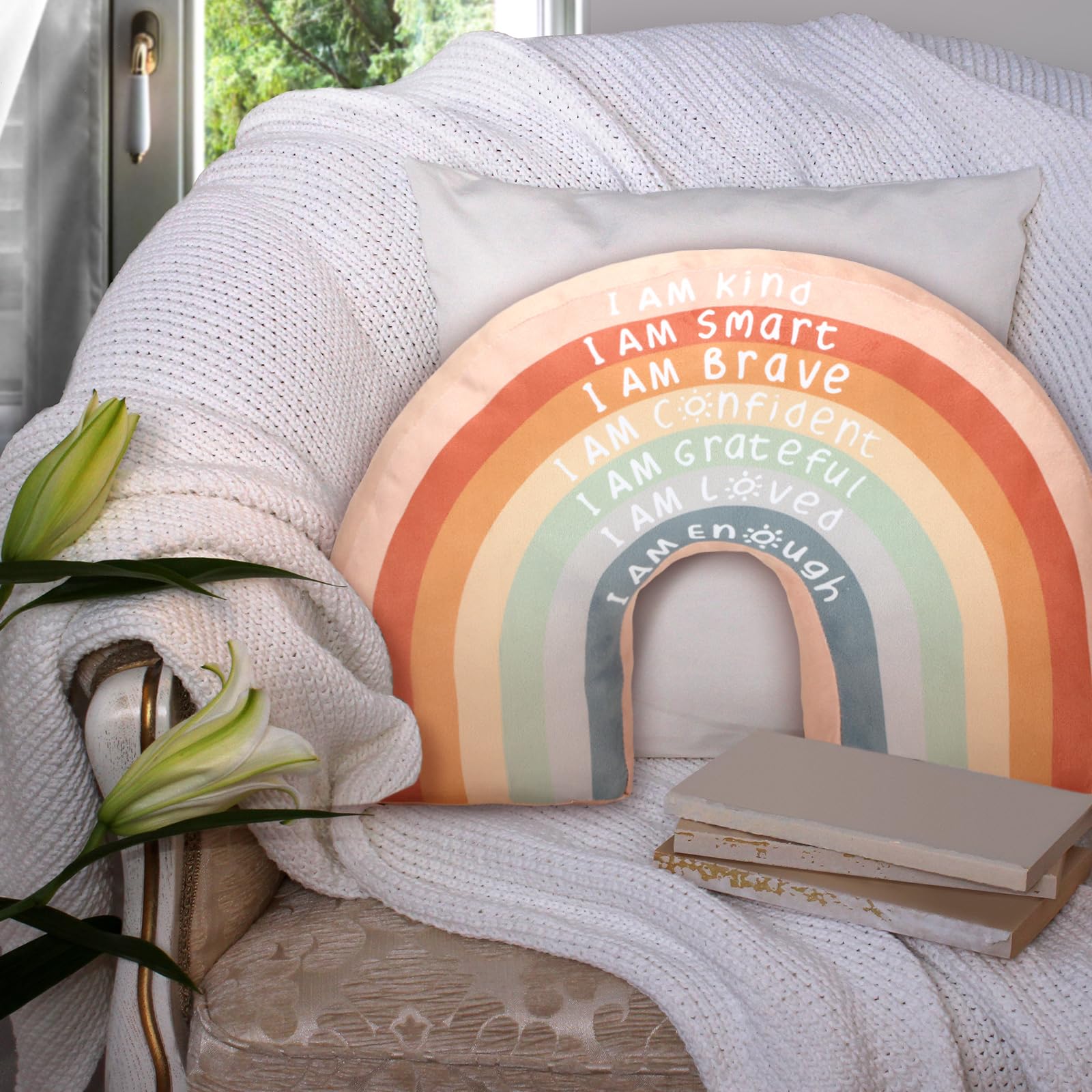 Rainbow Throw Pillow Boho Classroom Reading Corner Throw Pillow