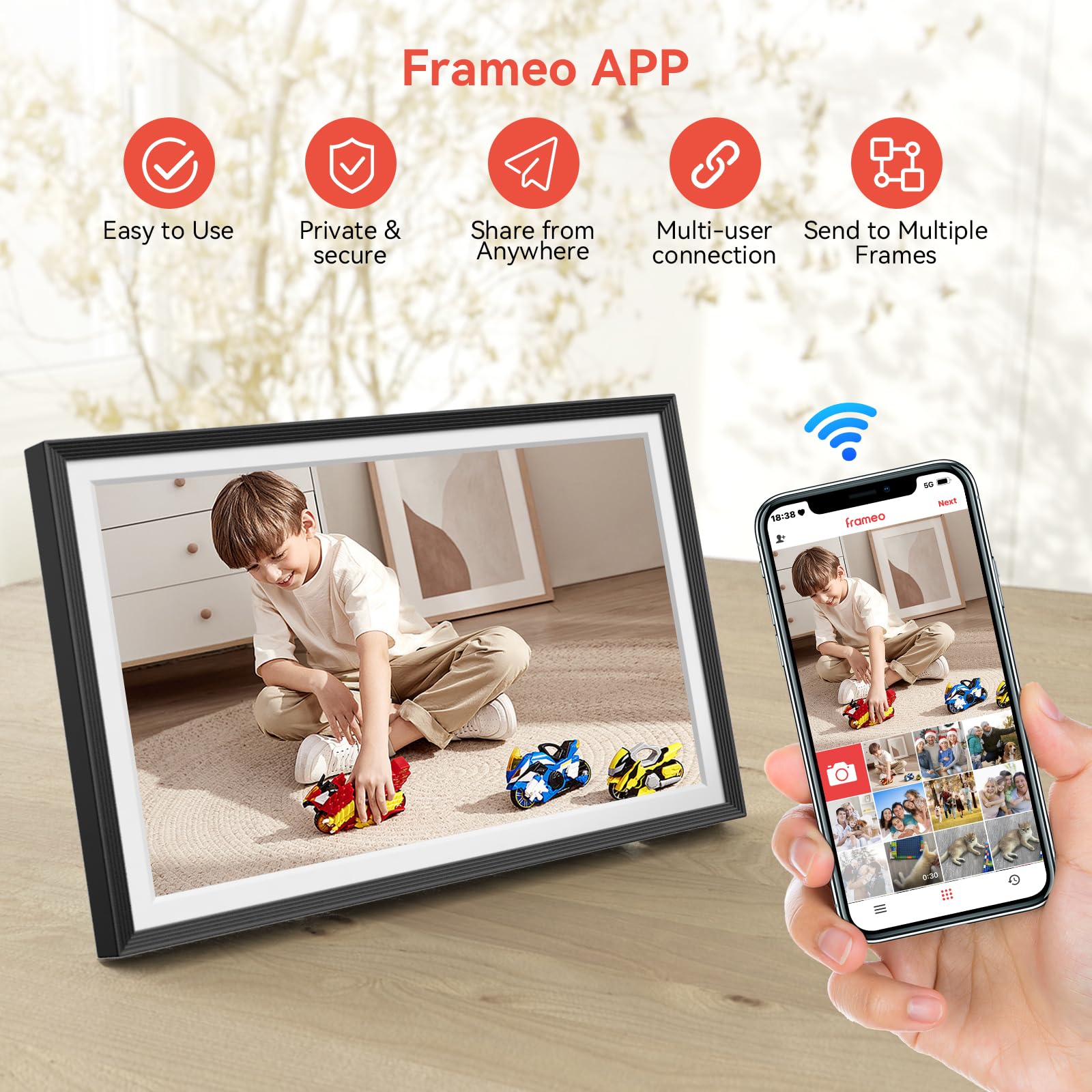 QOCEN Frameo 10.1 inch Digital Picture Frame, Smart WiFi Digital Photo Frame with 32G Memory, HD Touch Screen, Auto-Rotate, Slideshow, Easy Setup, Share Photos and Videos Anywhere