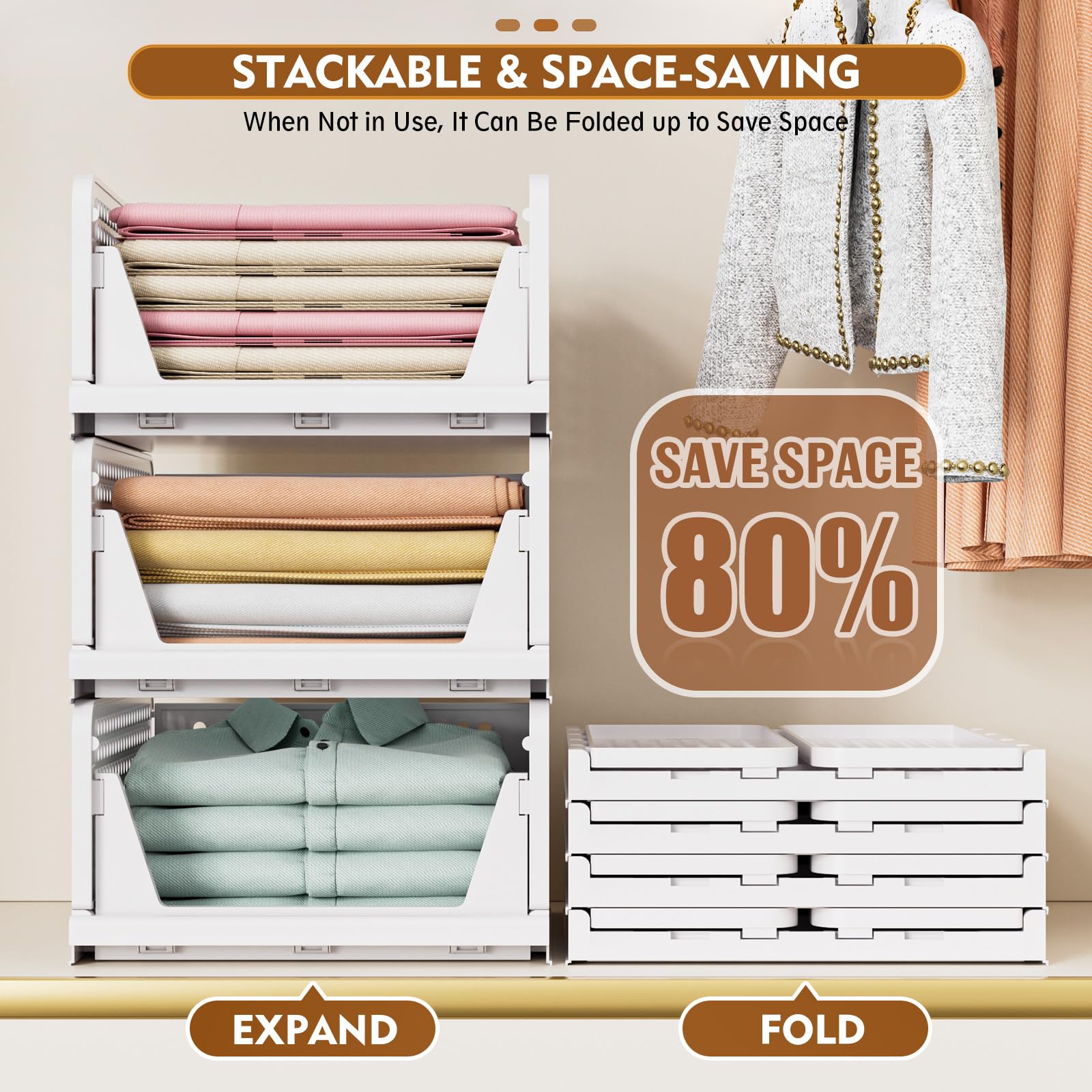 Stackable Closet Storage Basket - 5 Pack Foldable Organizer Bins