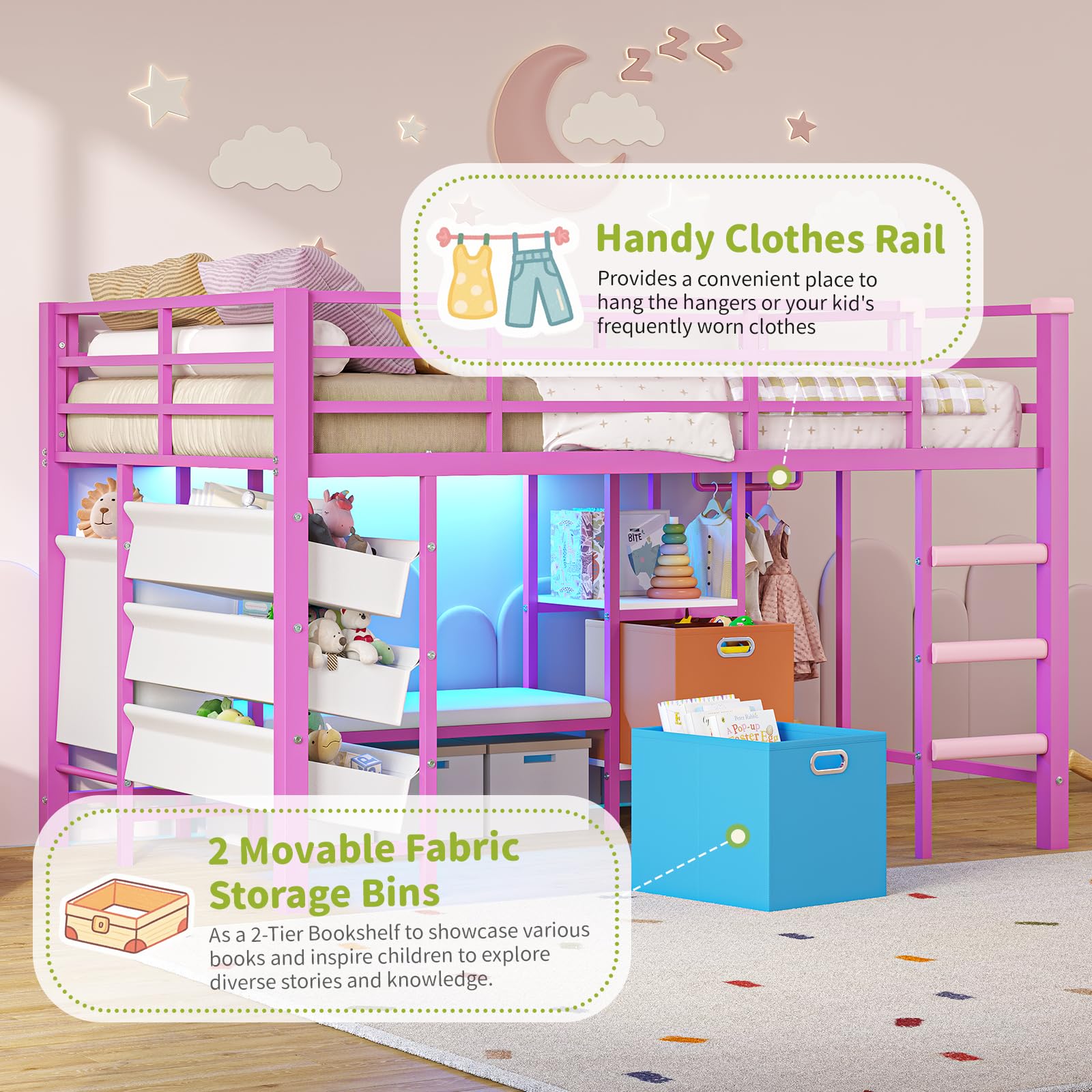 Low Twin Loft Bed with Reading Corner LED Lights Storage Pink