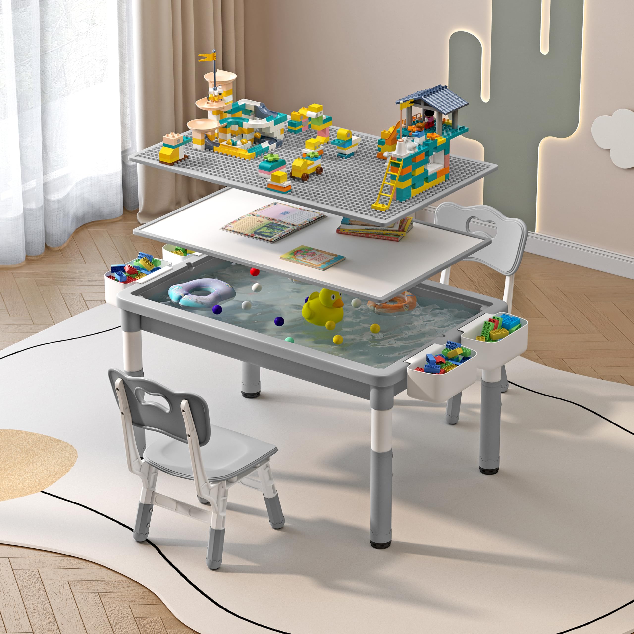 Kids Table and 2 Chairs with Storage, Children Water and Sand Activity