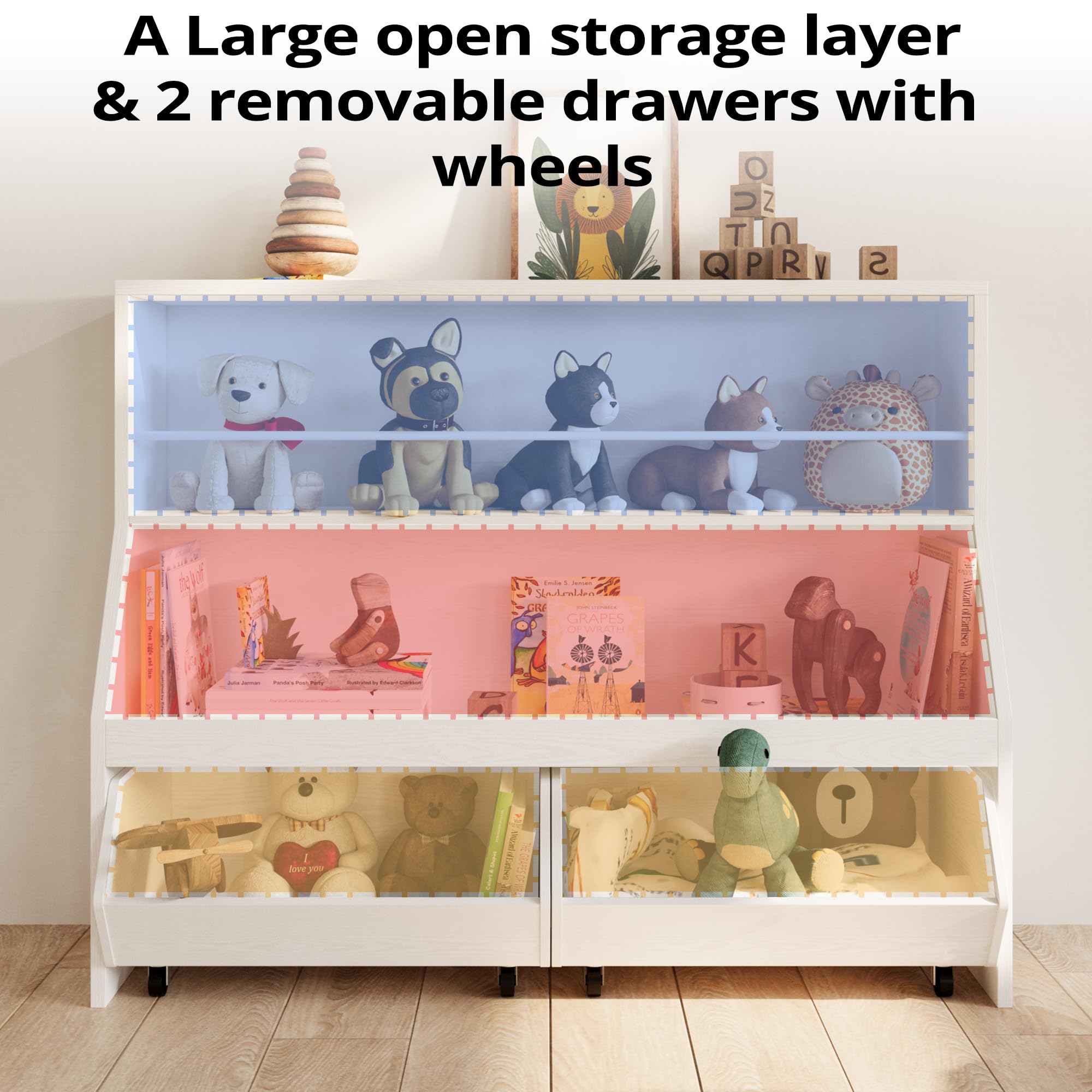 Kids Toy Storage Organizer with Bookshelf and Movable Drawers