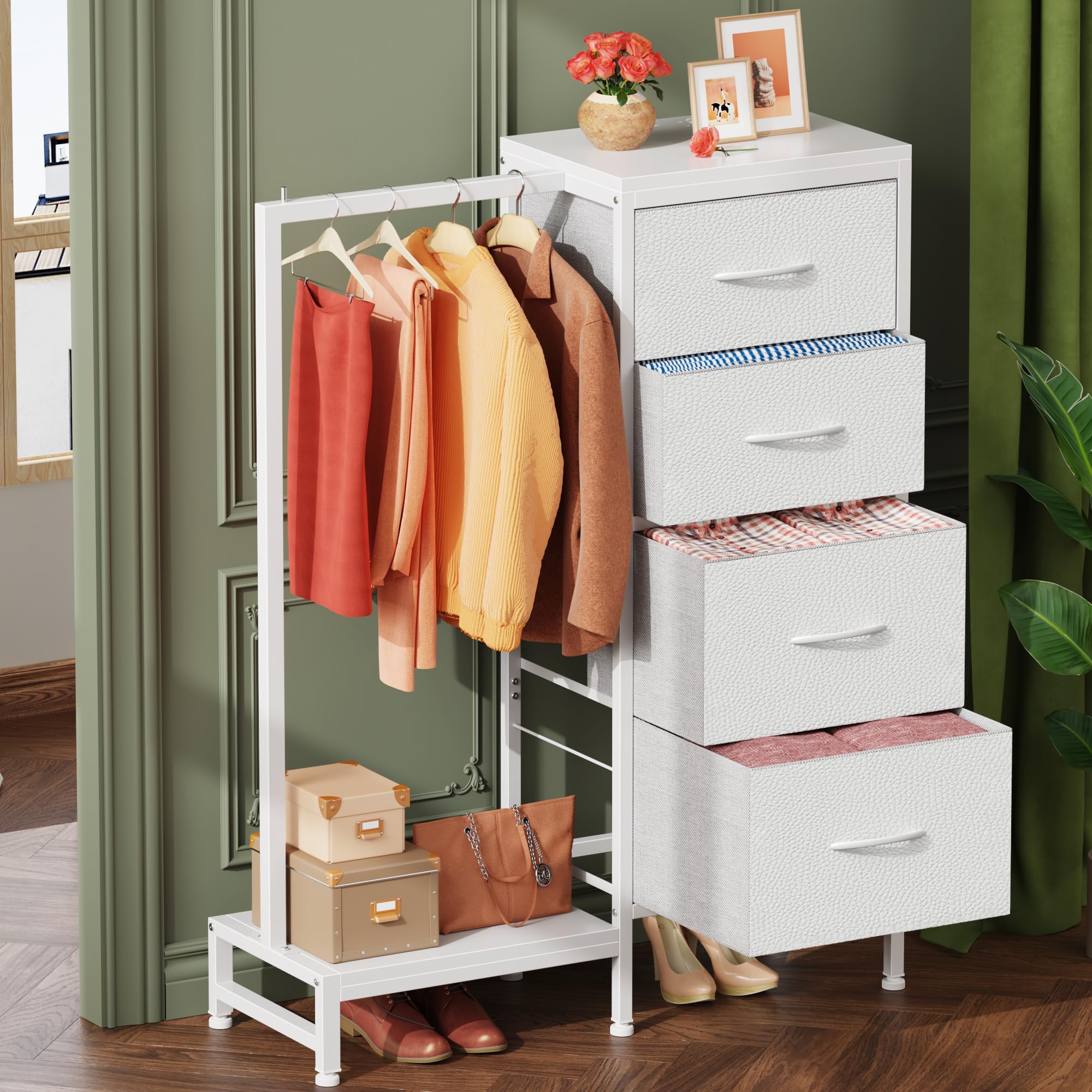 Dresser with Hanging Rack, 4 Drawers Small Closet for Bedroom