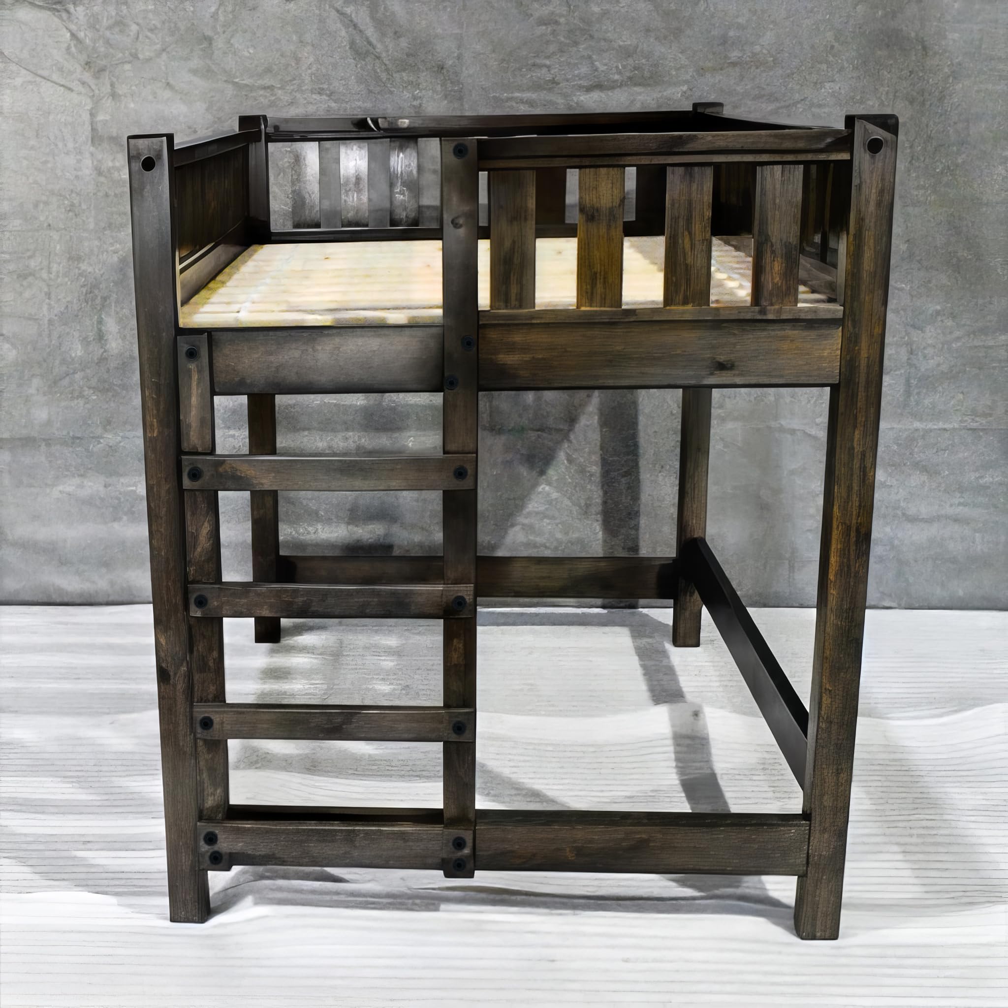 Queen Size Loft Bed Frame - Solid Wood Rustic Farmhouse Style