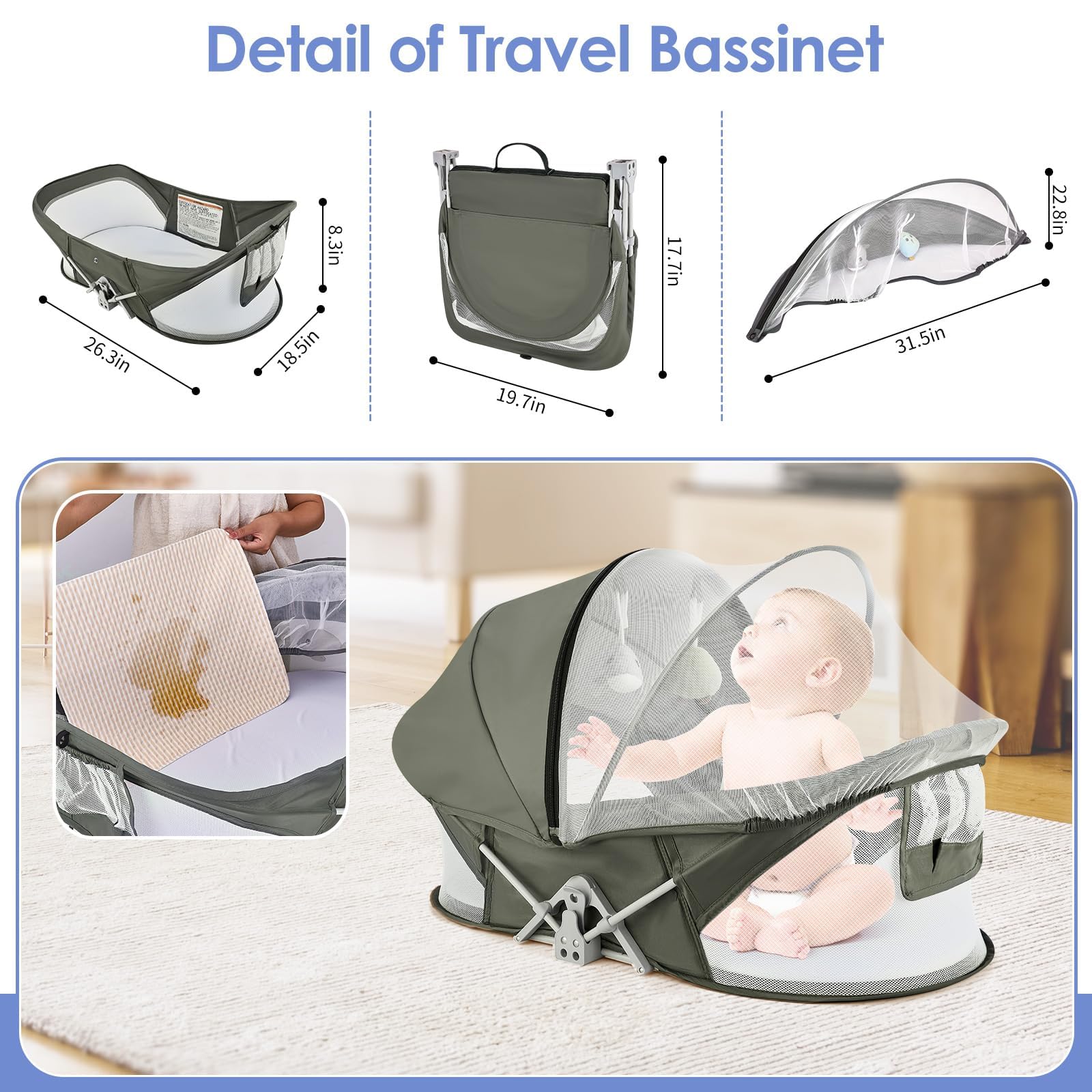 Portable Baby Bassinet with Mosquito Net and Sunshade