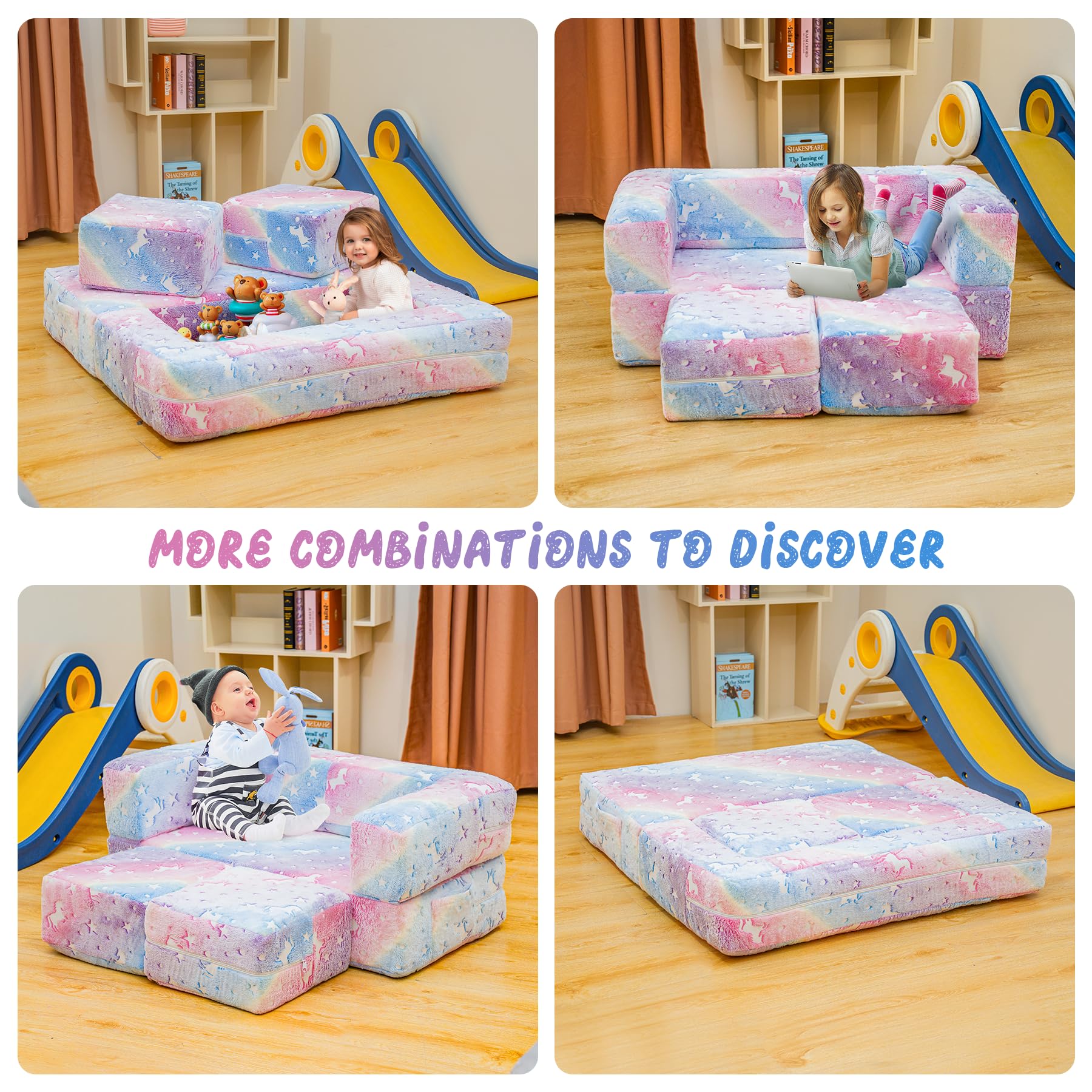Lamerge Toddler Couch Glow in The Dark Toddler Fold Out Couch for playroom, Convertible Baby Fold Out Play Foam and Floor Cushion for Bedroom (Rainbow+Unicorn)