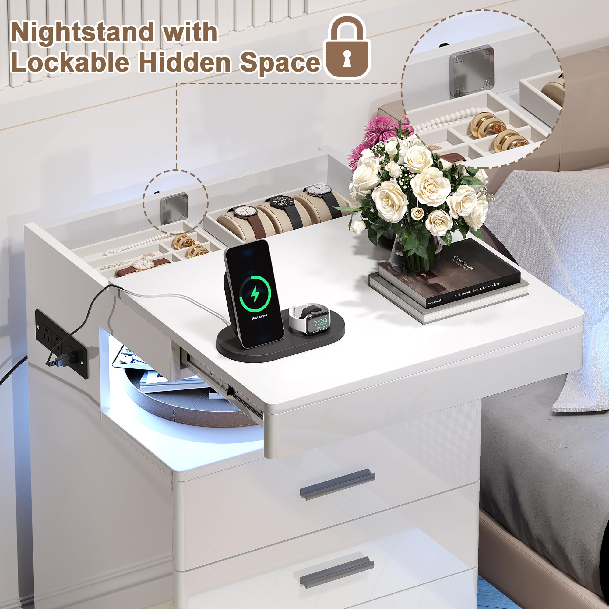 LED Nightstand with Charging Station and Hidden Storage