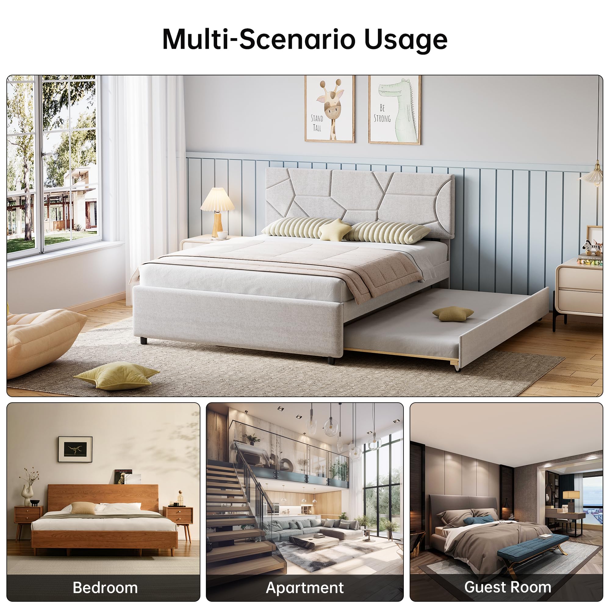 Upholstered Platform Bed Frame with Trundle
