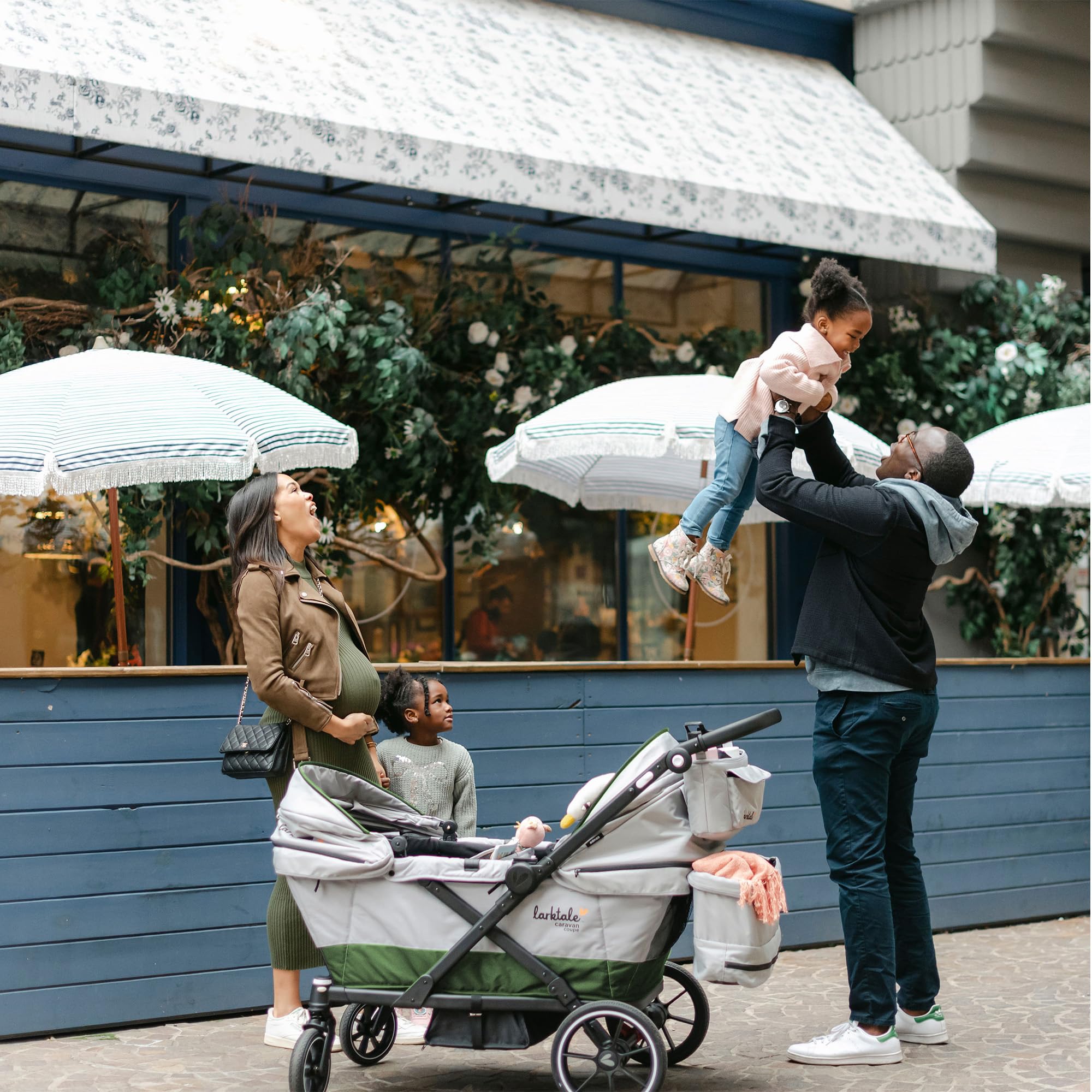 Caravan Coupe Quad, Compact Stroller Wagon with Reclining Seats for 4 Kids, Gray/Green