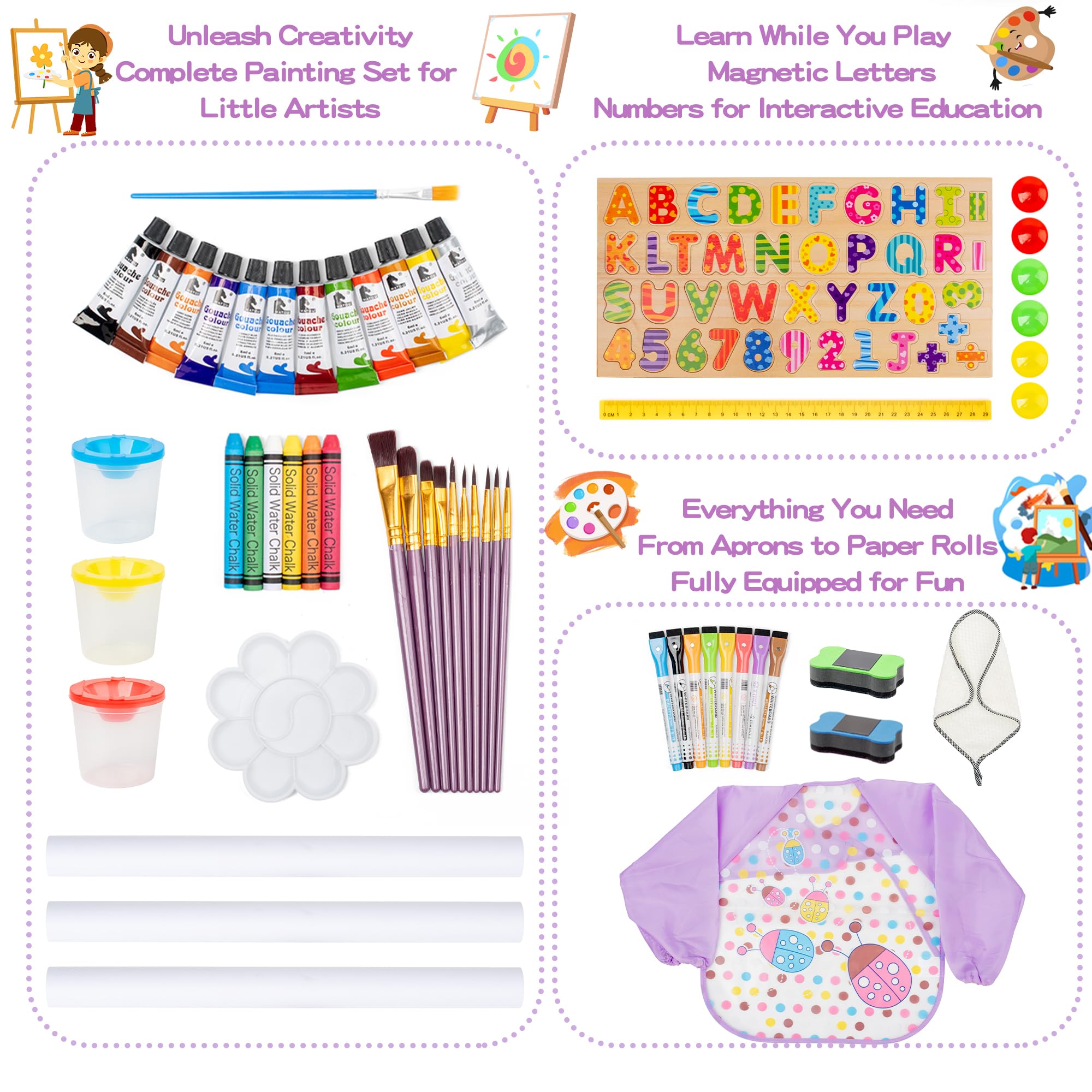 3-in-1 Adjustable Kids Art Easel Set, Height Adjustable Magnetic Whiteboard & Chalkboard with Painting Paper Roll, Wooden Dual-Sided Art Station for Toddlers & Children Ages 3+, Art Supplies Included