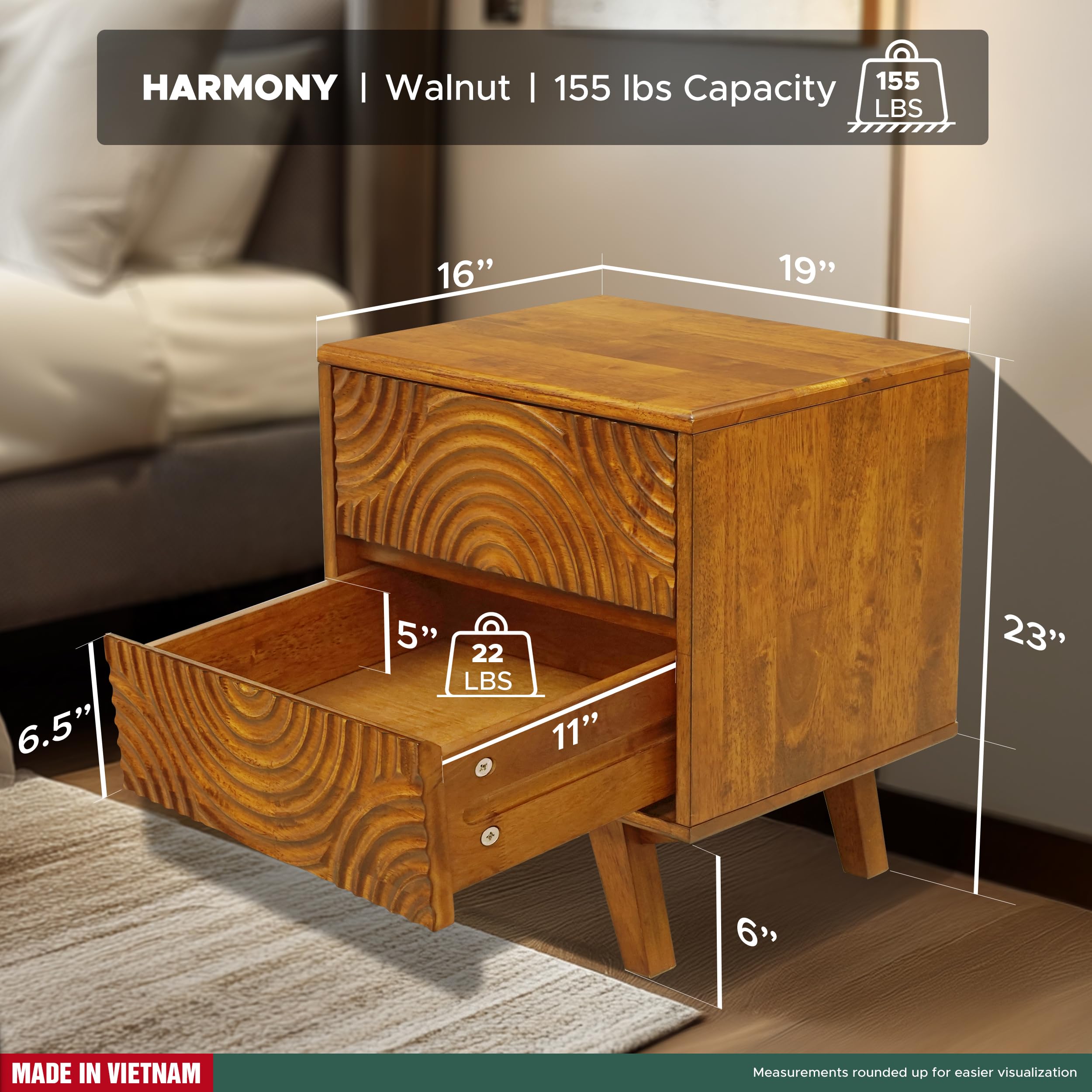 Solid Wood 2-Drawer Nightstand with Carved Front