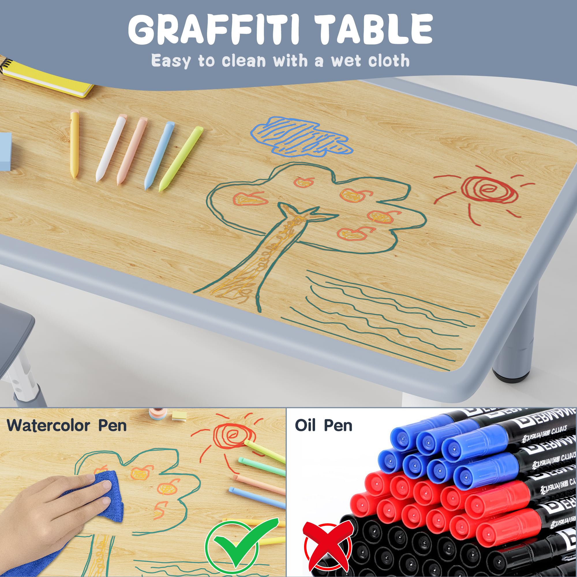 Height Adjustable Kids Table and 6 Chairs Set with Graffiti Desktop for Ages 2-8