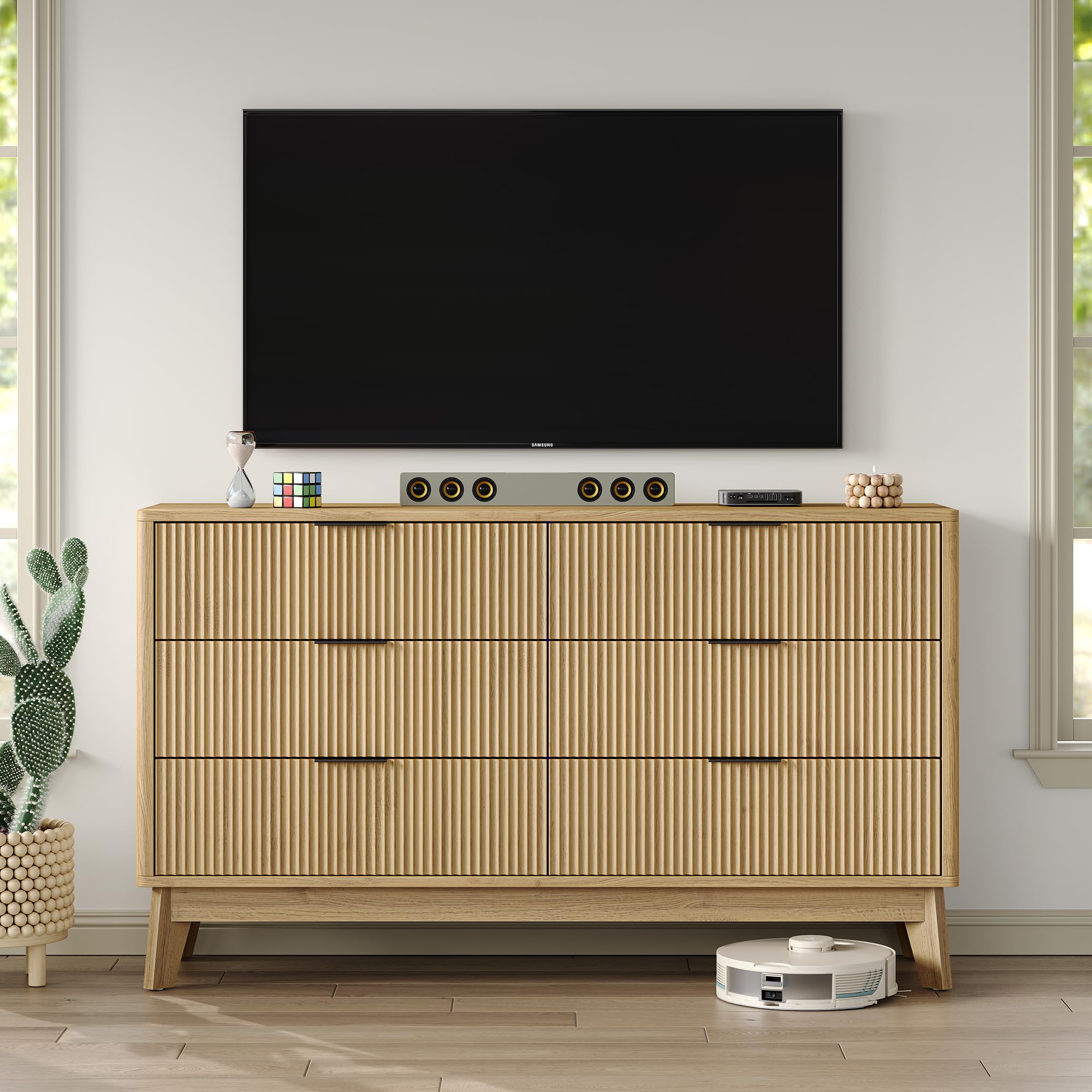 6-Drawer Fluted Dresser for Bedroom 54 Inch Wide