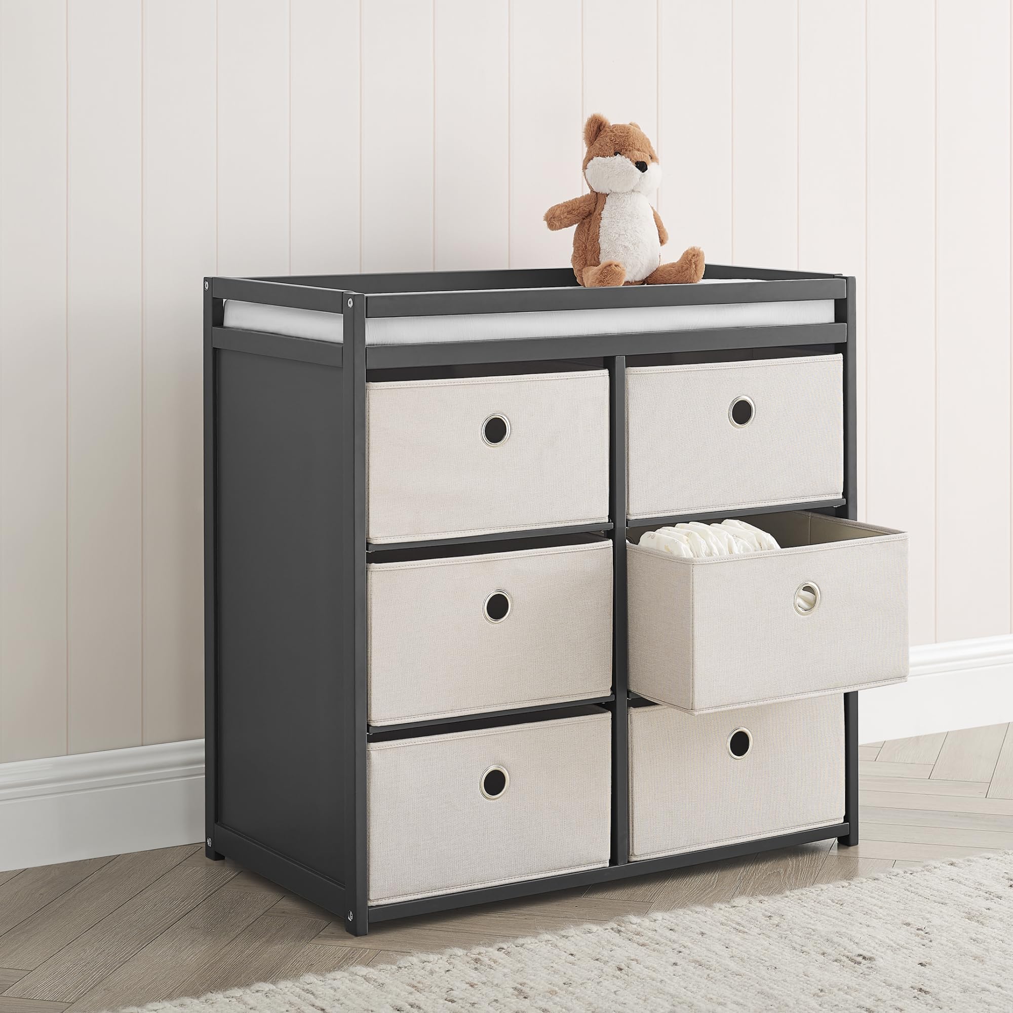 Changing Table with Fabric Storage Bins and Shelves