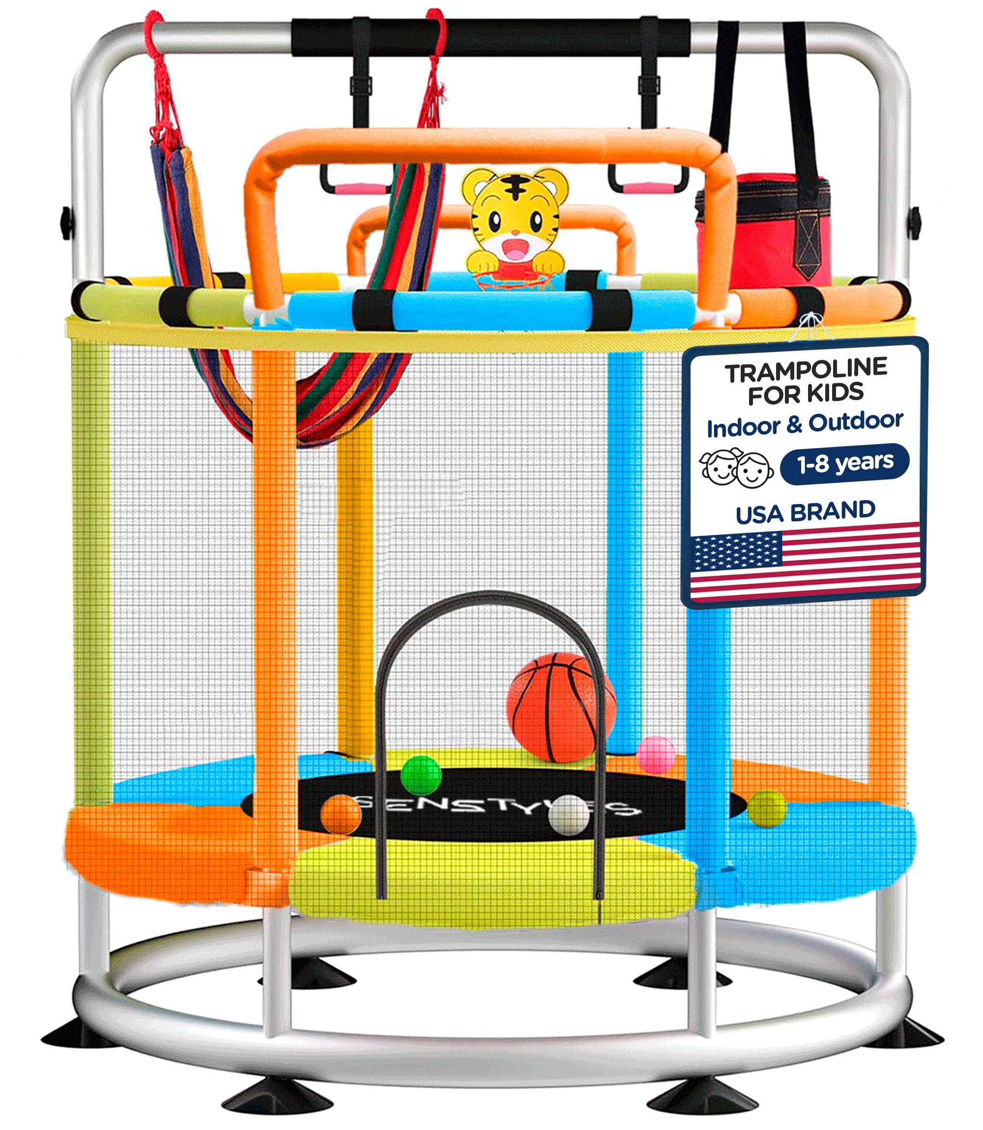 Kids Trampoline with Safety Enclosure and Adjustable Handlebar