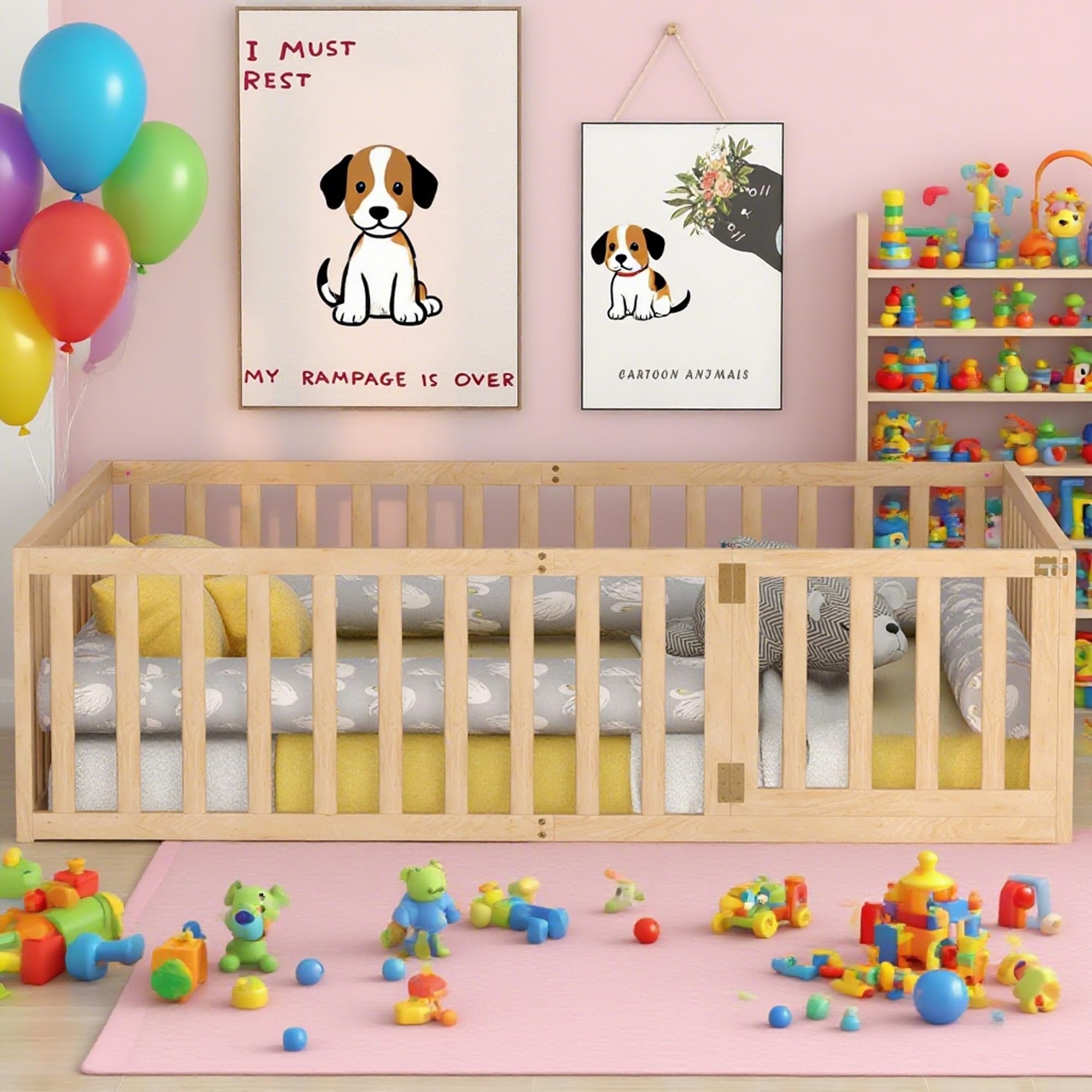 Queen Floor Bed with High Fence and Door, Wood Montessori