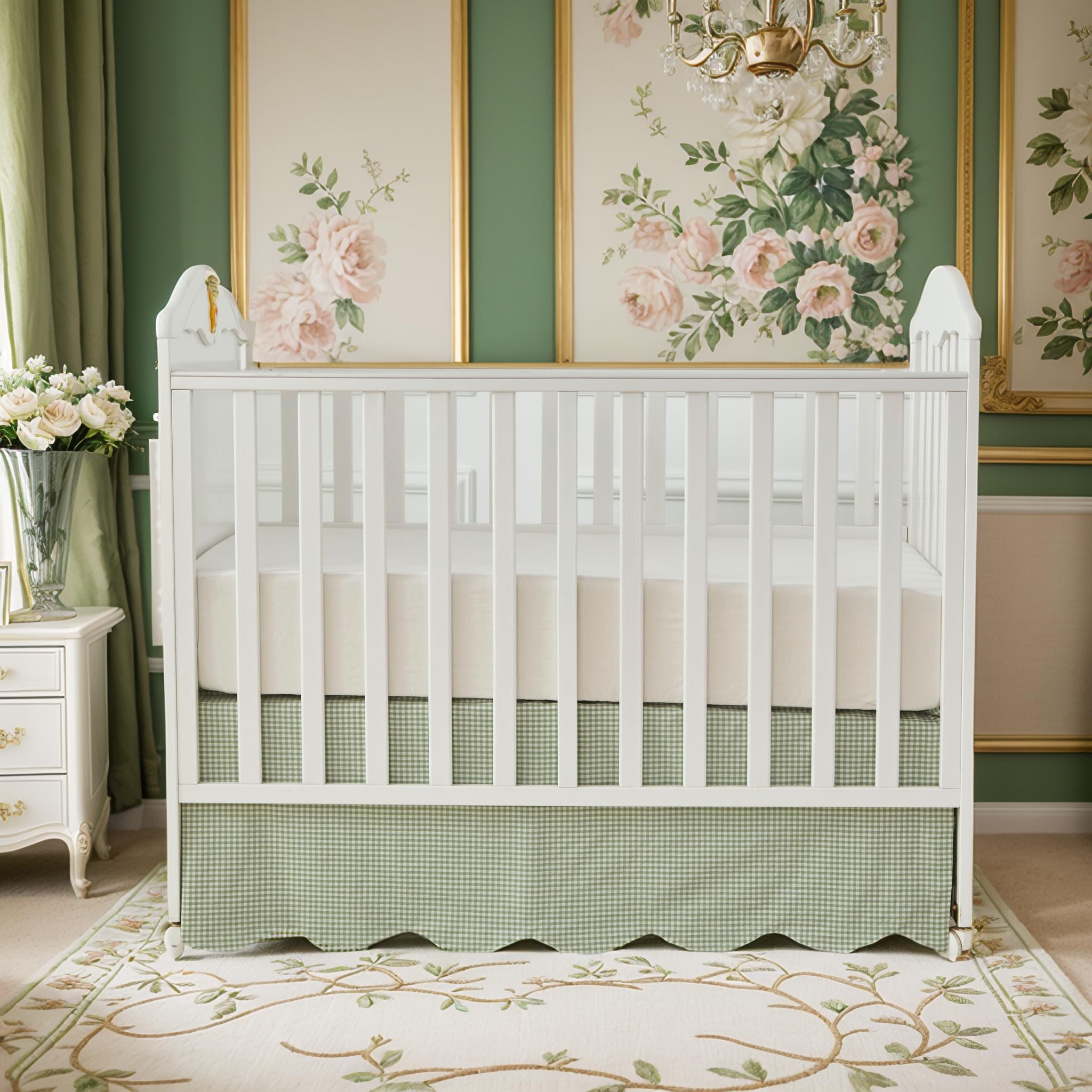 Brandream Scallop Edge Cotton Crib Skirt, Baby Boy, Baby Girl, Gender Neutral Crib Skirt Toddler Bedskirt Farmhouse Chic Nursery Crib Bed Skirt, Boho Bohemian Solid Green Gingham