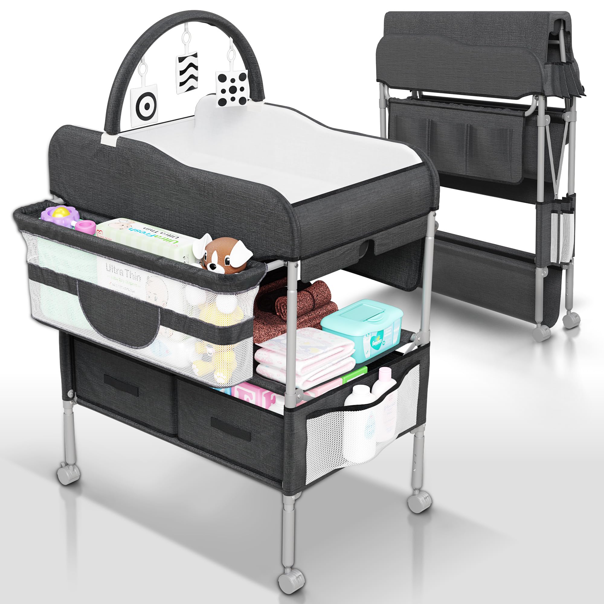 Baby Changing Table with Storage Baskets and Wheels